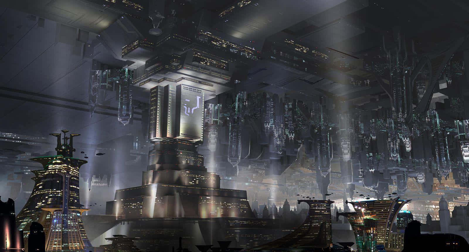 Coruscant 桌布 壁紙 — 一個廣闊的未來城市夜景，高聳的金屬摩天大樓和發光的霓虹燈穿透迷霧般的大氣。