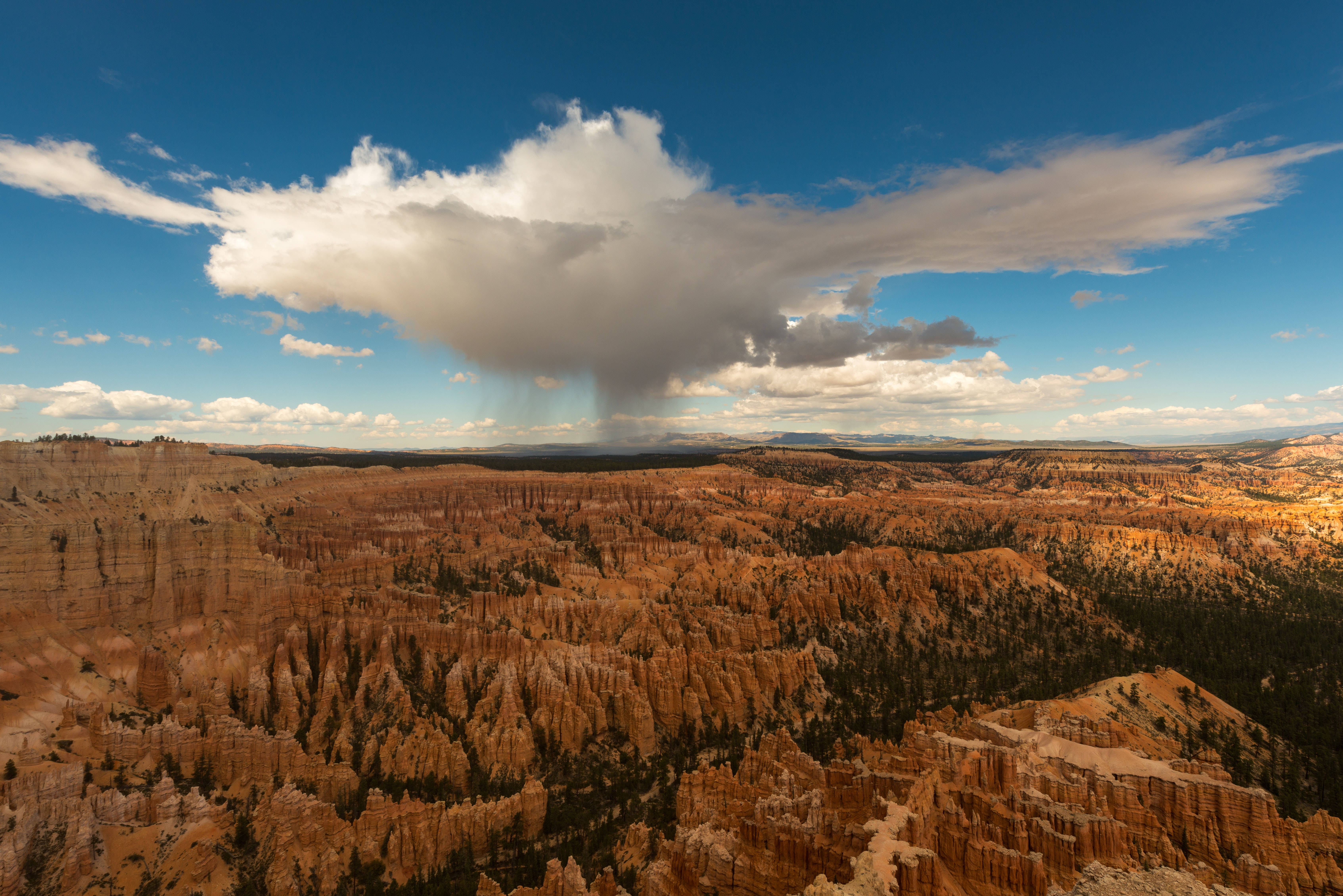 4K 桌布 壁紙 — 一個廣闊的橙色 Hoodoos 峽谷在戲劇性的天空下延伸，一朵巨大的雲在遠處的山脊上降雨。