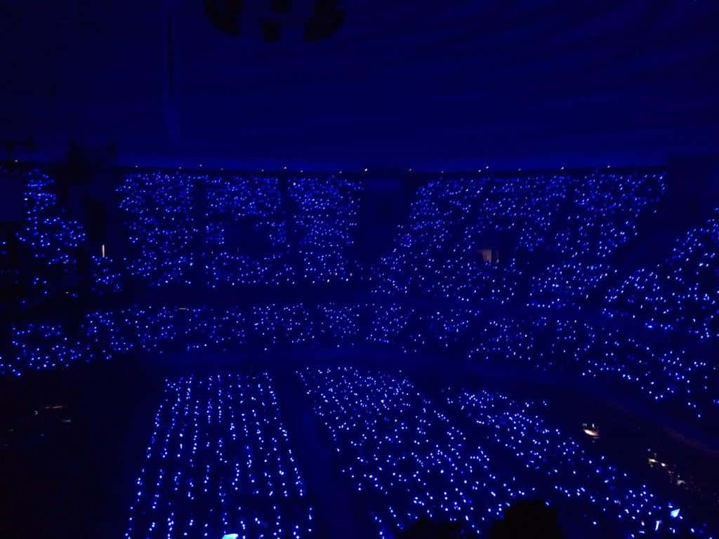 Sapphire Blue 桌布 壁紙 — 一個廣闊的演唱會場地，充滿了手持發光藍色螢光棒的粉絲，營造出一片電光藍色的海洋。