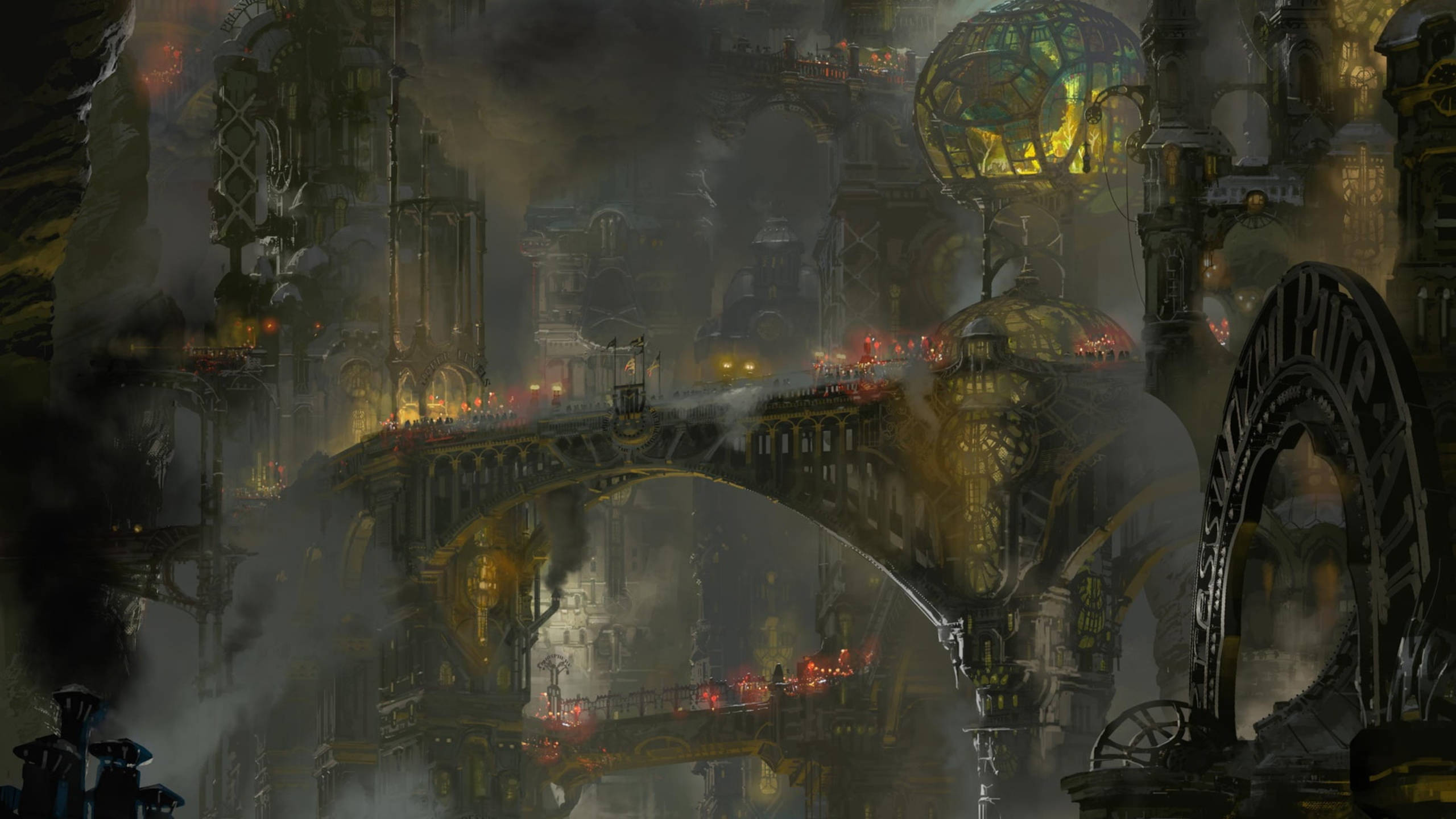 Arcane 桌布 壁紙 — 一個廣闊的蒸氣龐克城市景觀，聳立的黃銅和鐵結構、發光的燈籠，以及在黑暗天空下充滿煙霧的空氣。