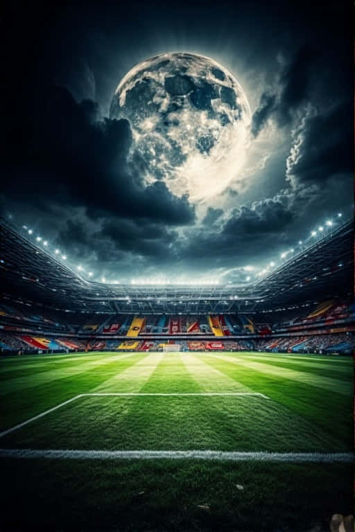 Dramatic Moonlit Soccer Stadium 壁紙 — 一個廣闊空蕩的足球場，下方是巨大的月亮，穿過暴風雲層發光。