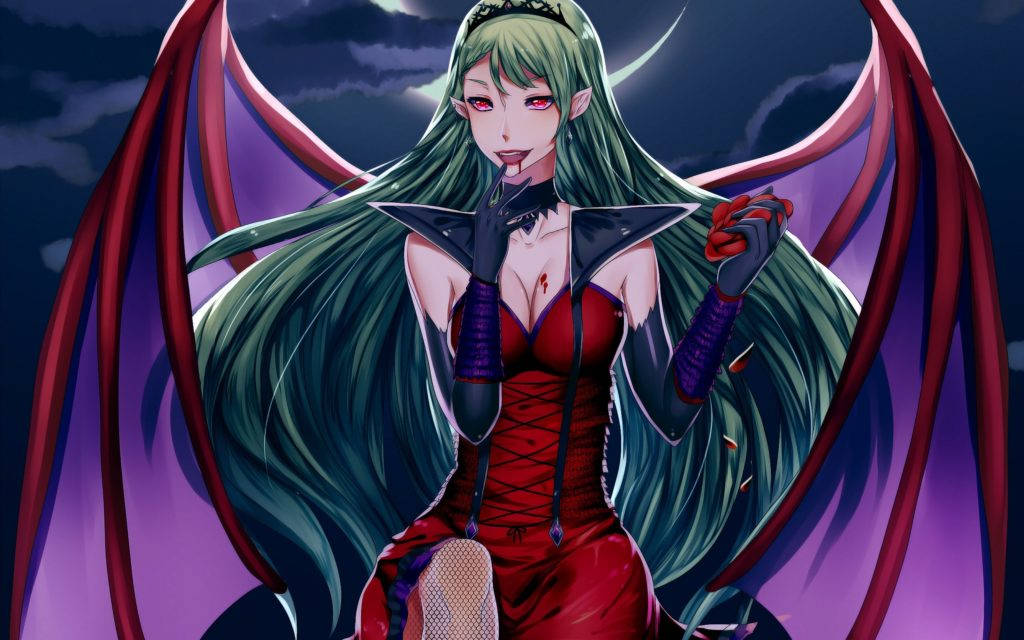Succubus 桌布 壁紙 — 一個引人注目的動漫吸血鬼女人，長長的綠色頭髮和紅色蝙蝠翅膀，在黑暗暴風雨的天空下拿著一朵玫瑰。