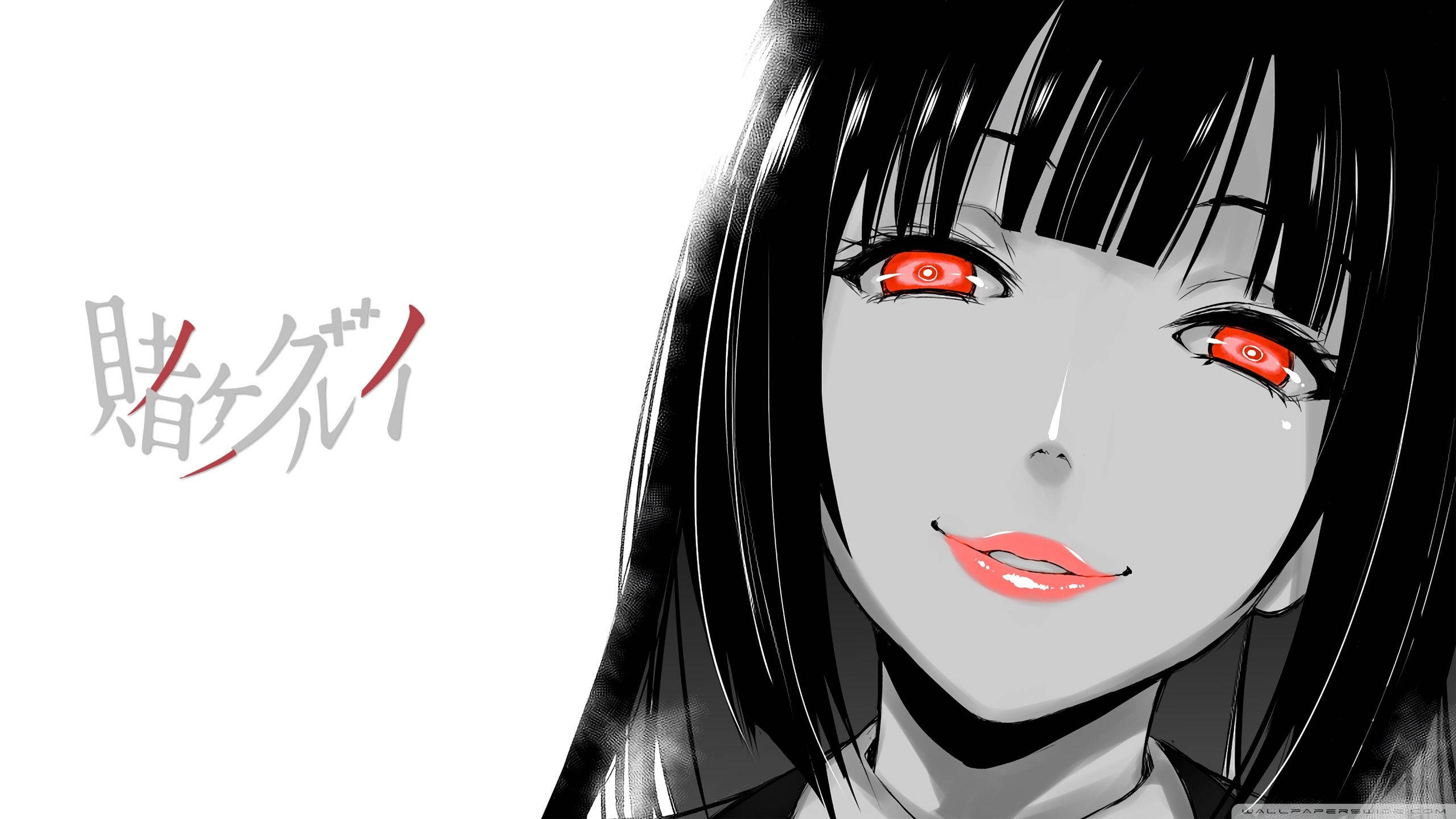 Kakegurui 桌布 壁紙 — 一個引人注目的動漫女孩，擁有發光的紅眼睛和黑髮，在純白色背景上微笑，旁邊有風格化的日文字。