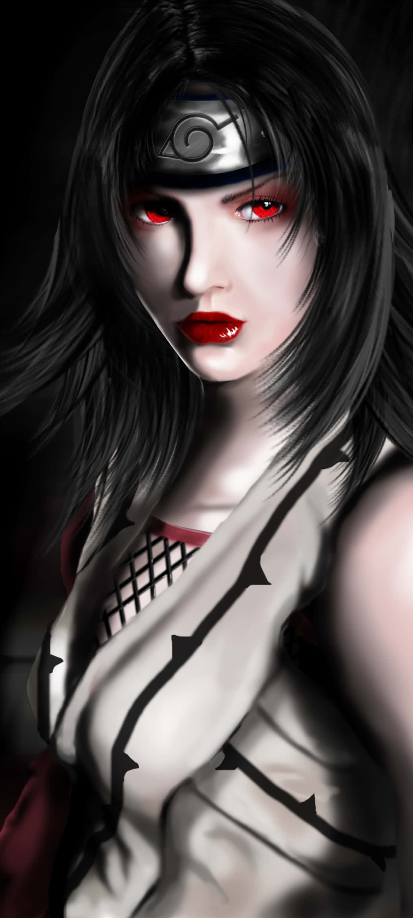 Kurenai Yuhi 桌布 壁紙 — 一個引人注目的動漫女孩，擁有發光的紅眼睛和黑髮，戴著銀色頭帶，穿著白色服裝，背景為深色。