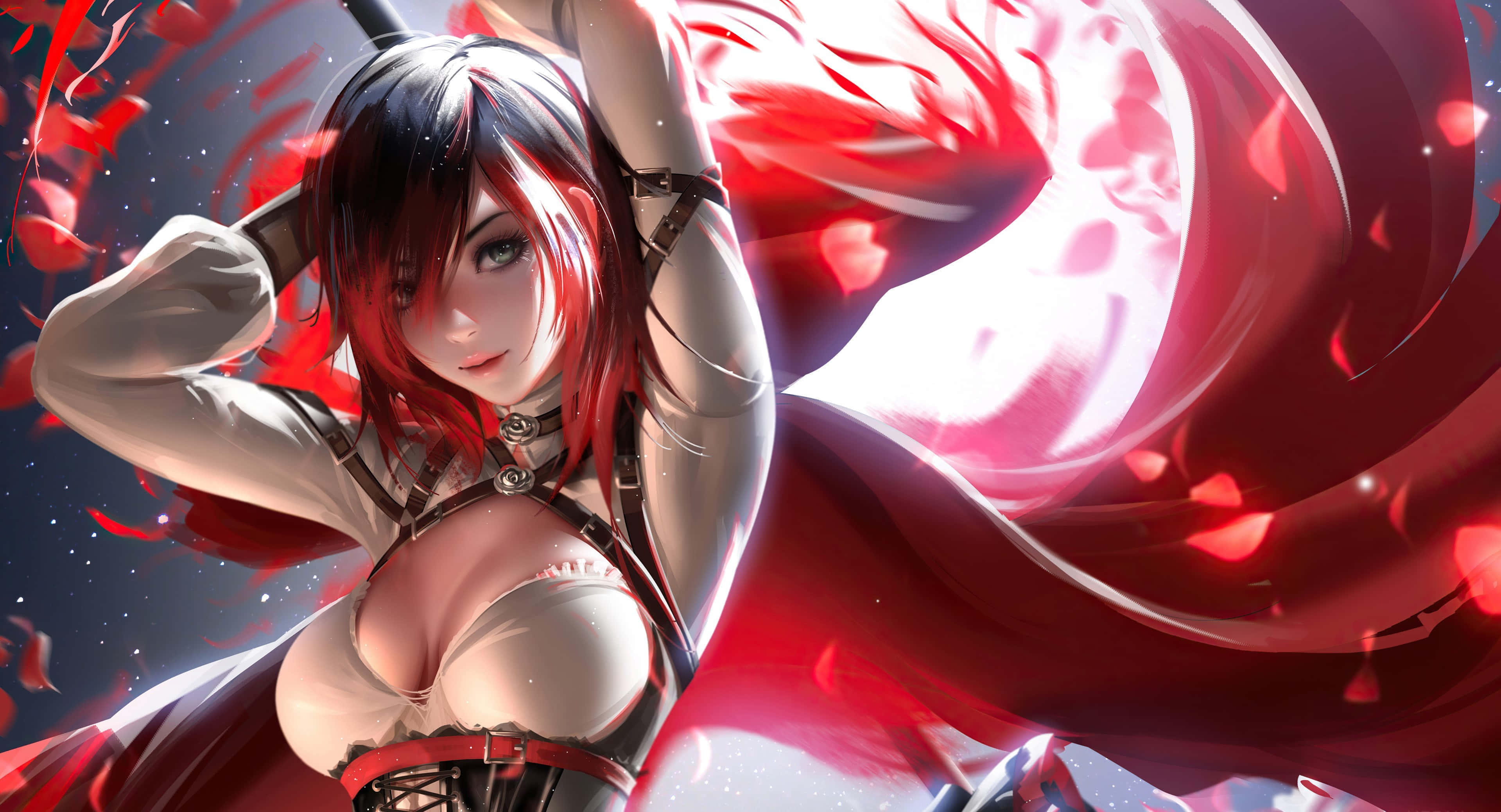 Rwby 桌布 壁紙 — 一個引人注目的動漫女孩，擁有紅色和黑色頭髮，在旋轉的紅色能量背景下動態擺姿勢。