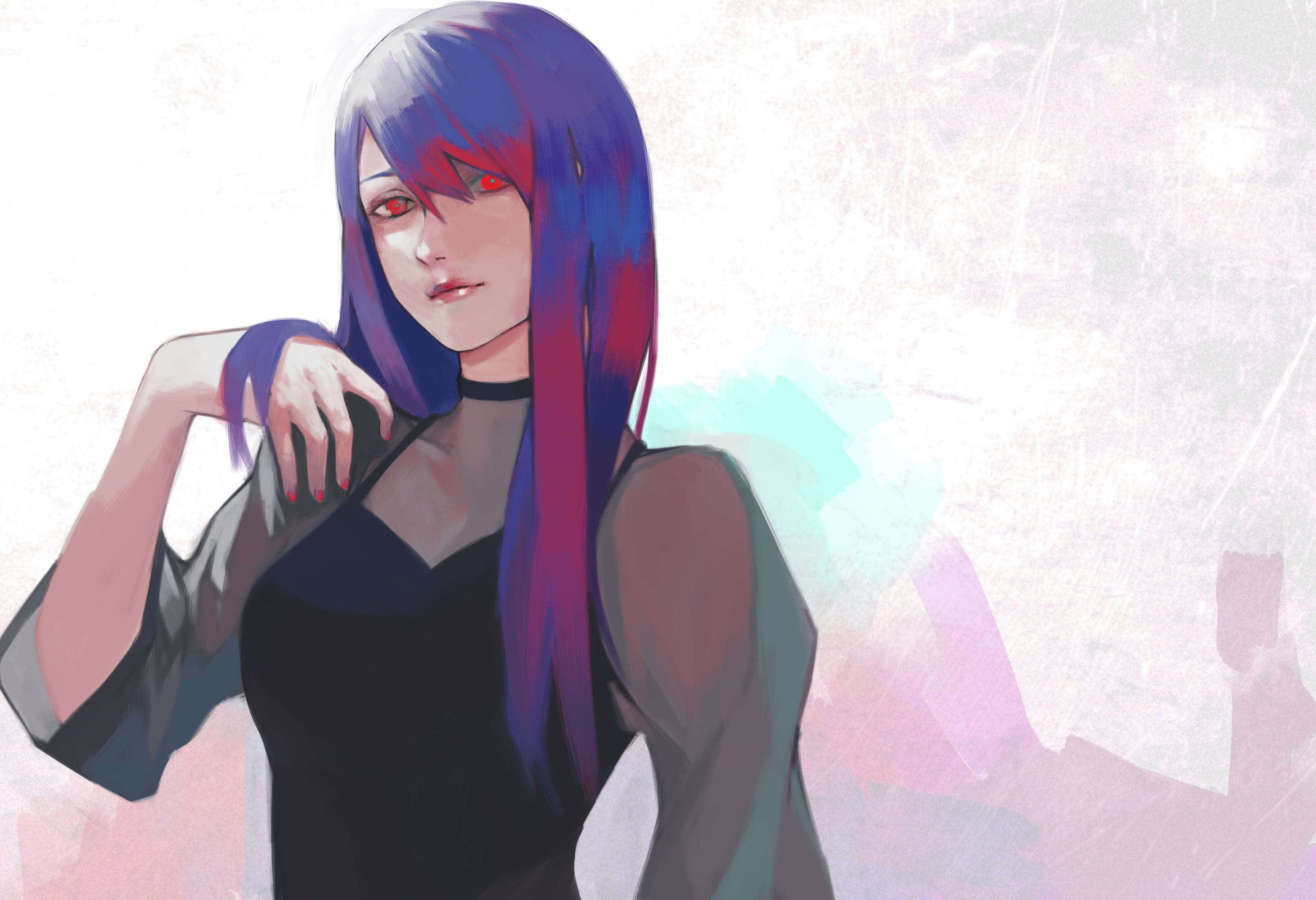 Rize Kamishiro 桌布 壁紙 — 一個引人注目的動漫女孩，擁有長長的紫色頭髮和紅色眼睛，在柔和的粉彩背景前自信地擺姿勢。