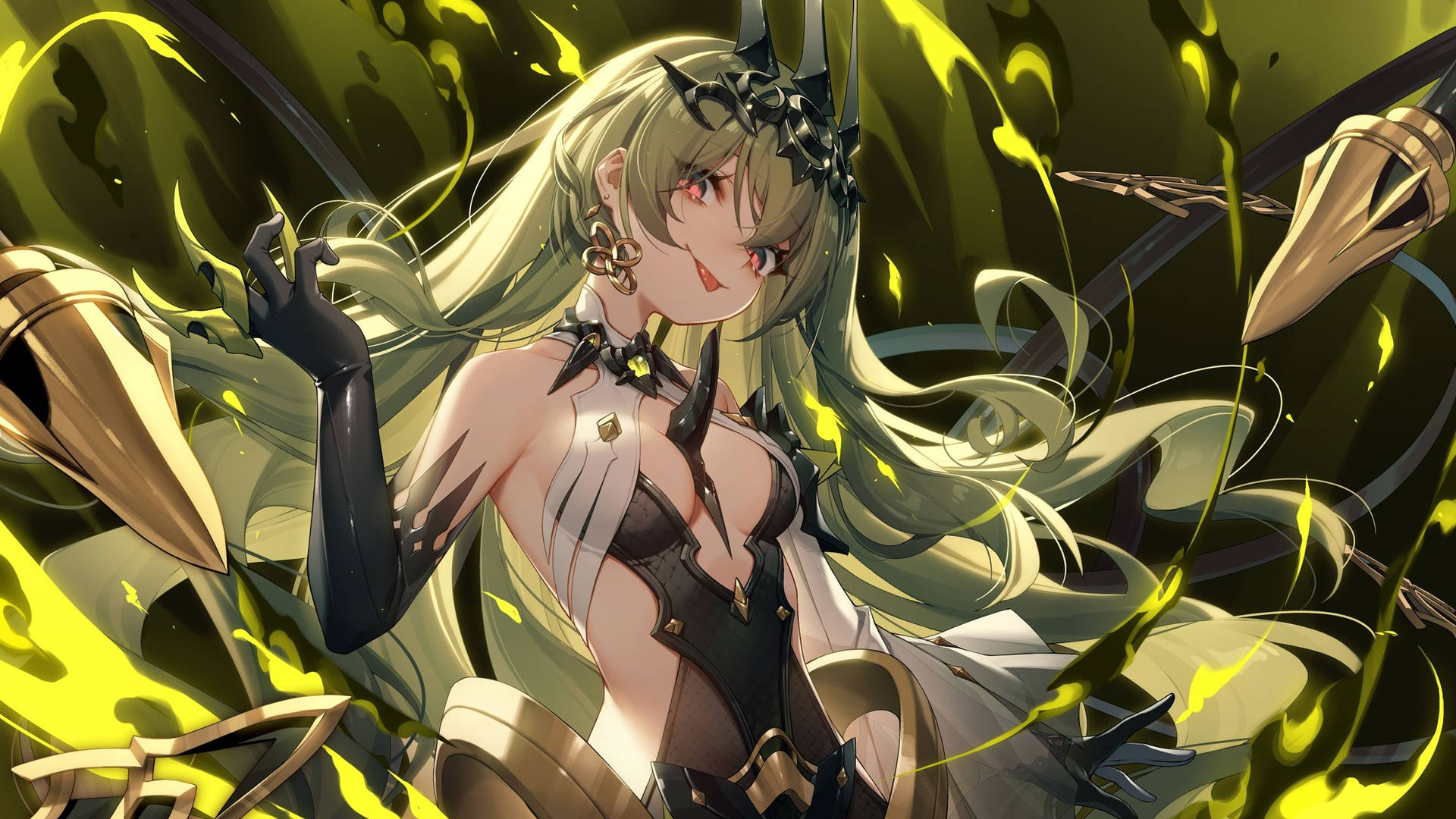 金髮紅眼的動漫女孩以動態姿勢揮舞金色武器。
