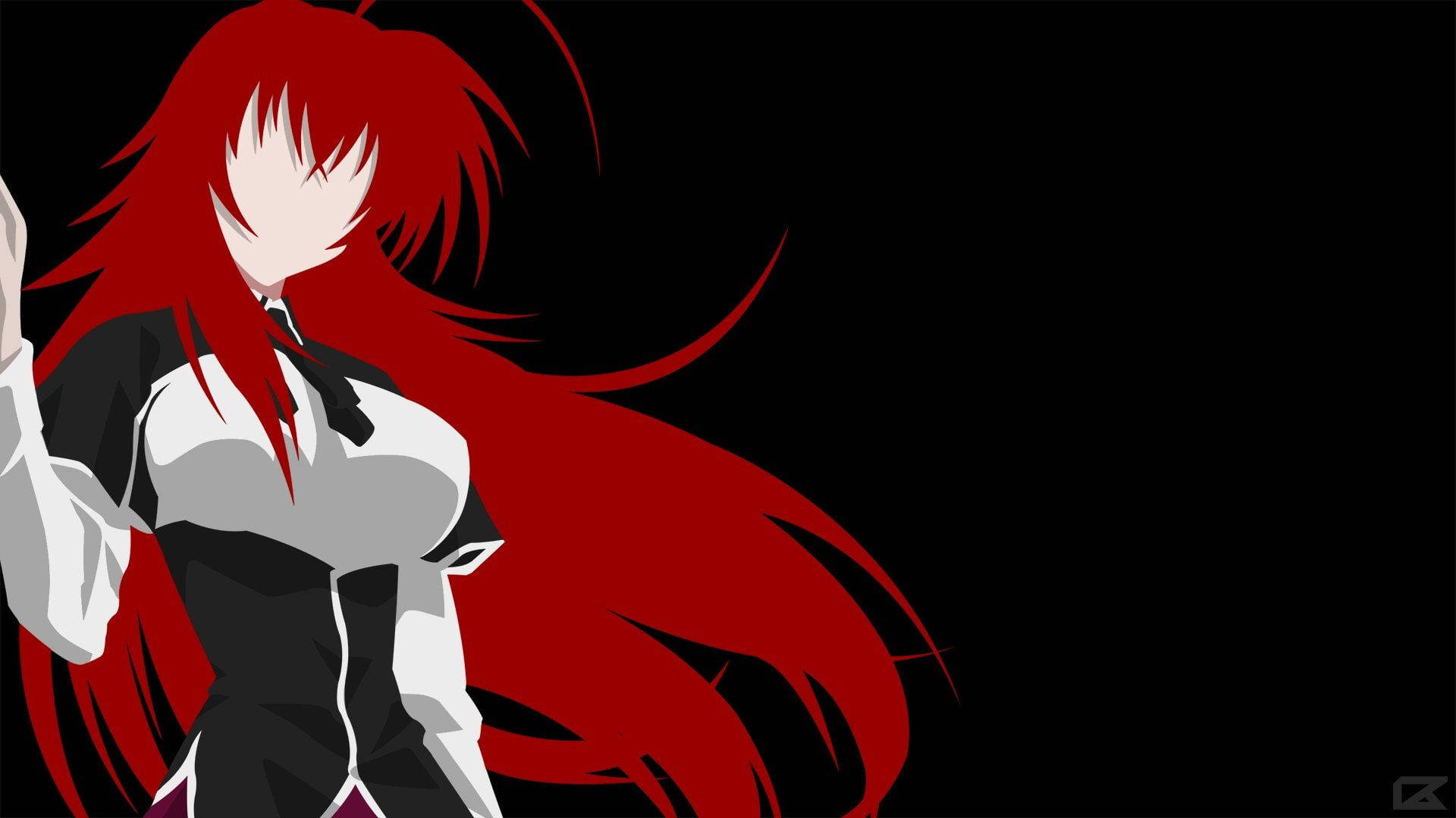 High School Dxd 桌布 壁紙 — 一個引人注目的動漫女孩，擁有飄逸的紅髮和黑白服裝，站在純黑色背景前。