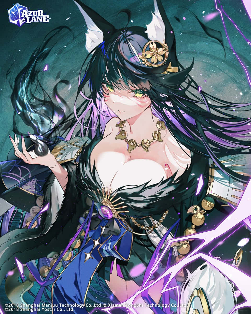動漫女孩，黑色和紫色頭髮，在宇宙環境中揮舞發光的魔法。 — 動漫繪圖 GIF 壁紙
