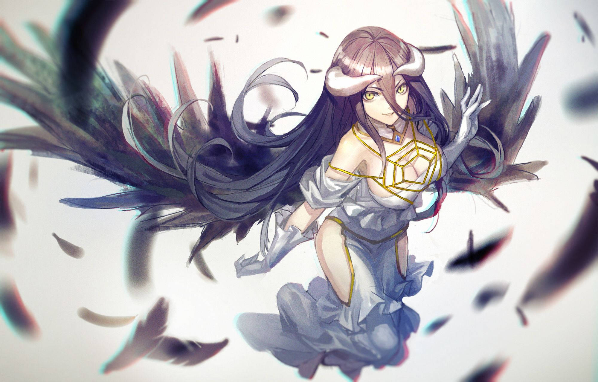 Overlord 桌布 壁紙 — 一個引人注目的動漫女孩，擁有黑色翅膀和角，在柔和的光線中漂浮在飄落的羽毛之間。