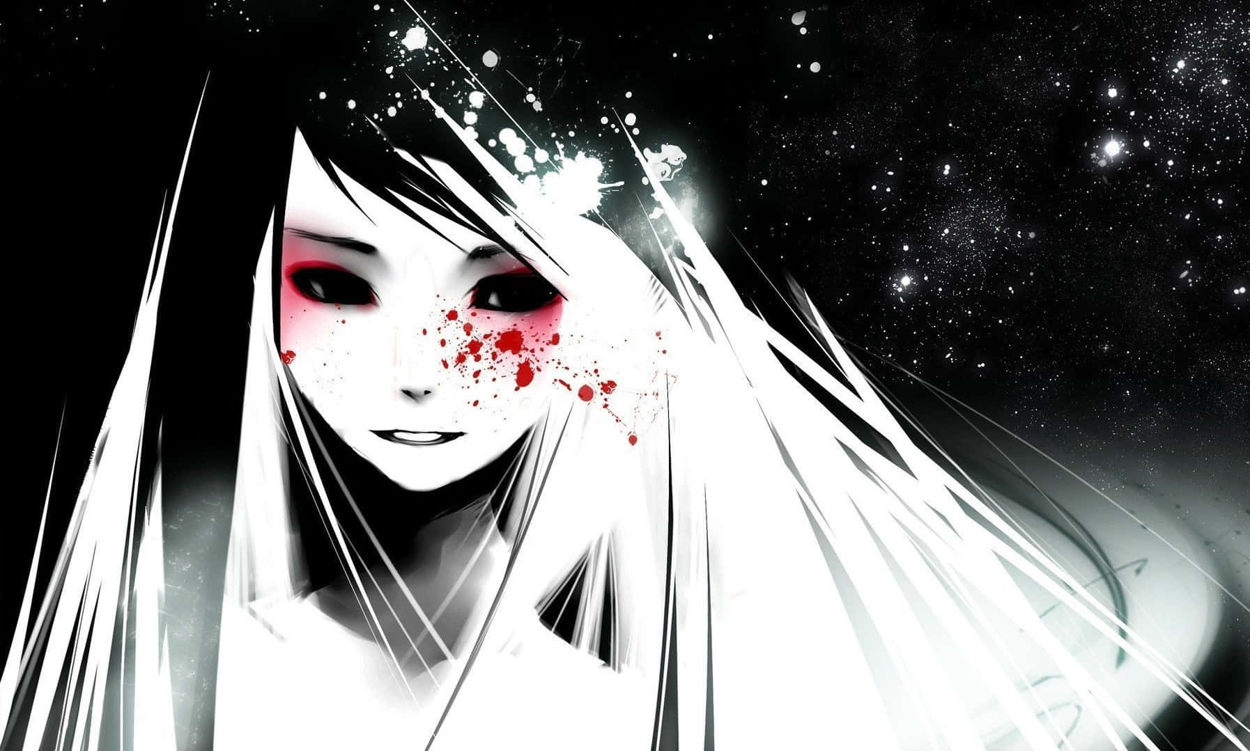 動漫 桌布 壁紙 — 一個引人注目的動漫女孩，白髮和紅色飛濺在繁星點點的黑色背景上。
