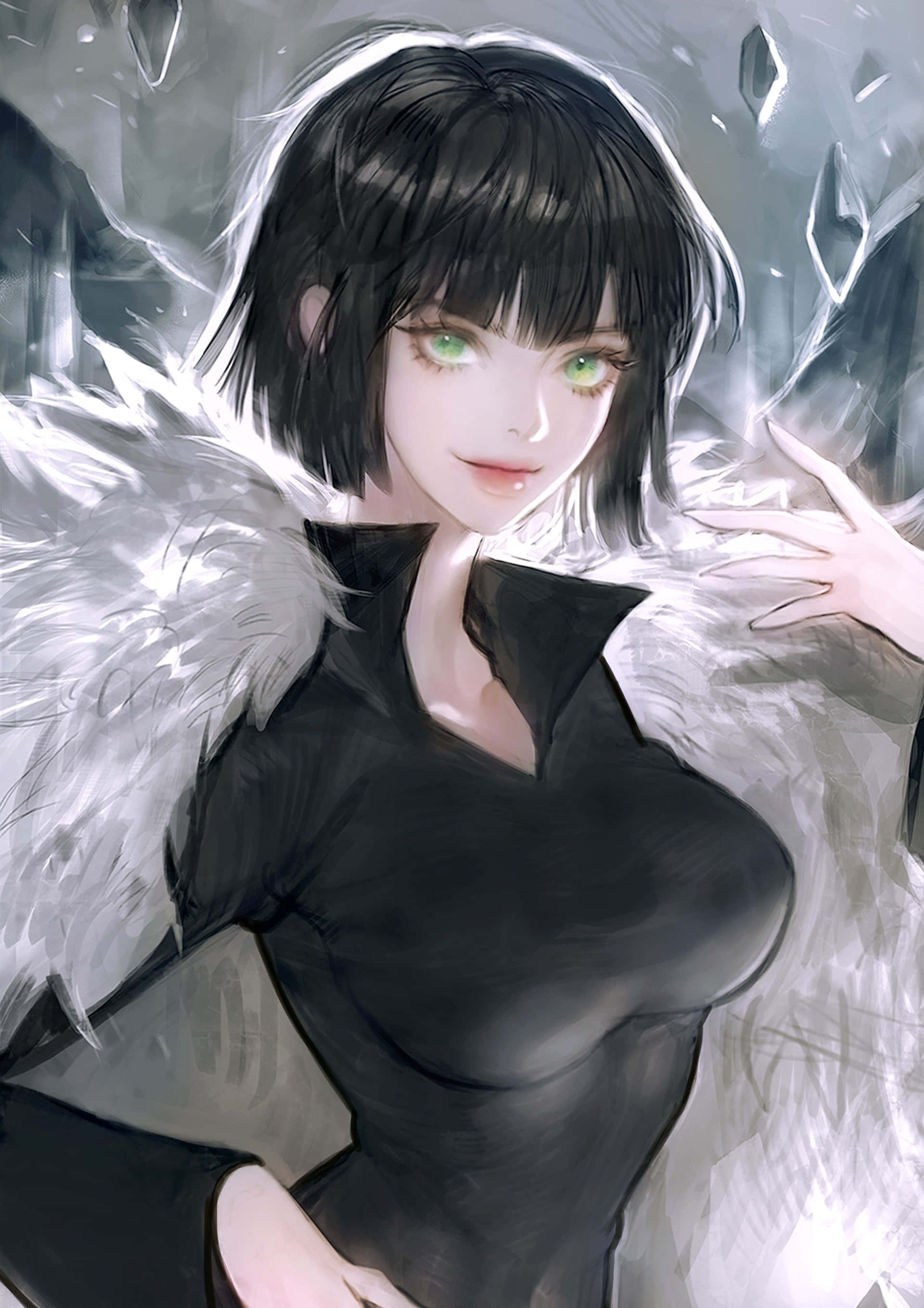 Fubuki 桌布 壁紙 — 一個引人注目的動漫女孩，短黑髮，發光的綠眼睛，穿著黑色服裝，帶有白色羽毛翅膀，背景是水晶般的。