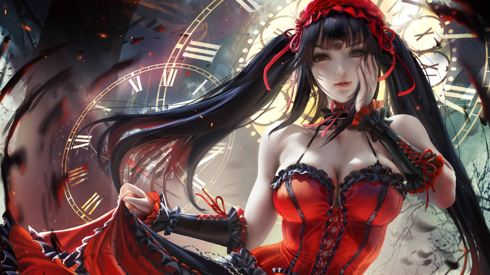 Edgy 桌布 壁紙 — 一個引人注目的動漫女孩，身穿紅色緊身胸衣和黑色蕾絲，站在破碎的時鐘中，熾熱的火花在她周圍旋轉。