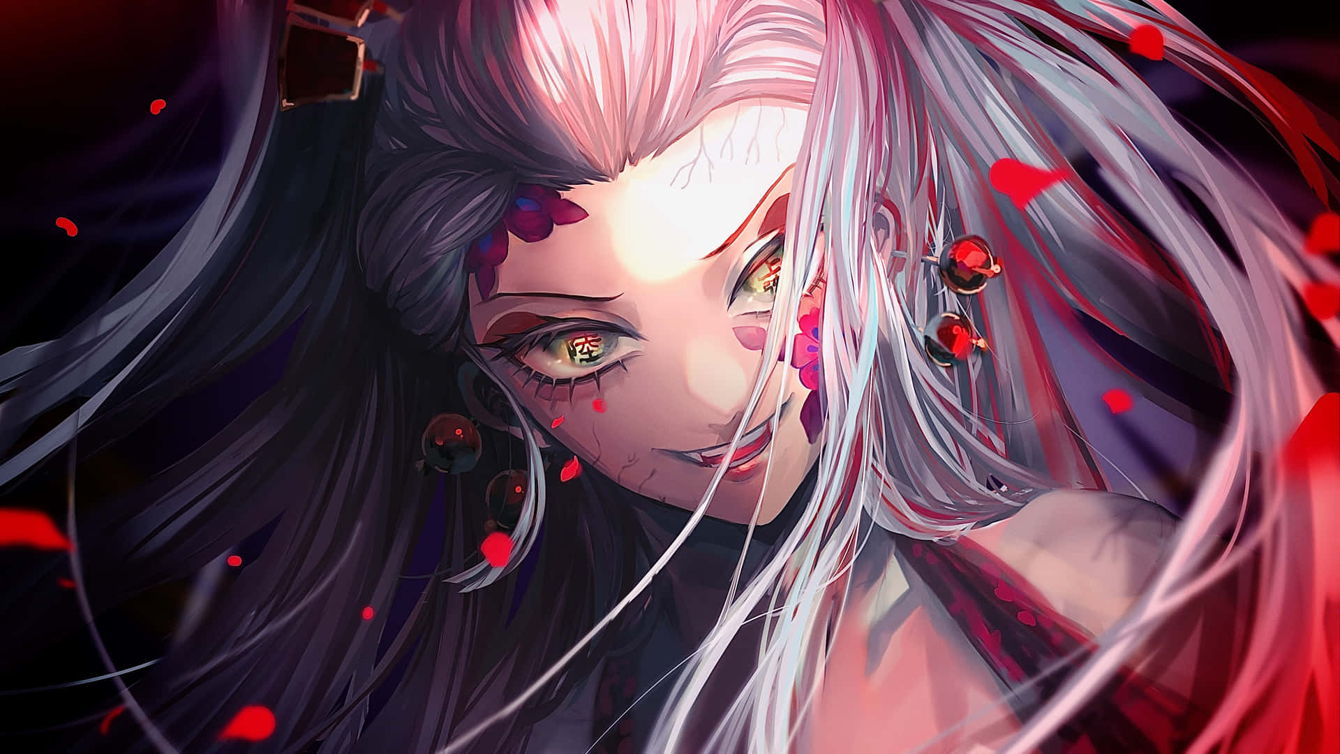 動漫女孩，銀色頭髮和發光的眼睛，被紅色花瓣包圍。 — 漫畫gif 壁紙