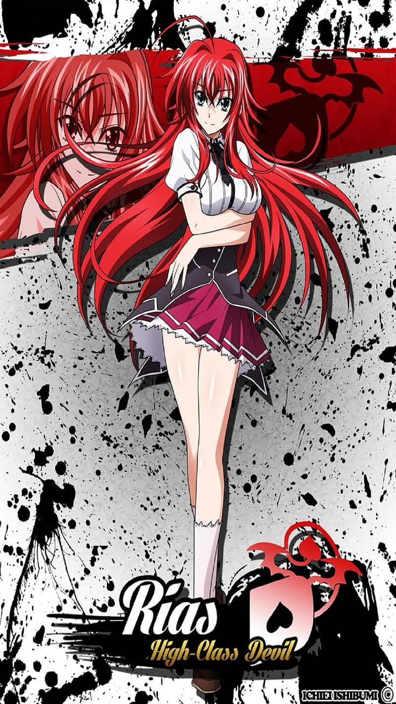 High School Dxd 桌布 壁紙 — 一個引人注目的動漫女孩，長長的紅頭髮和魔鬼主題，自信地站在一個濺滿黑白的背景前面。