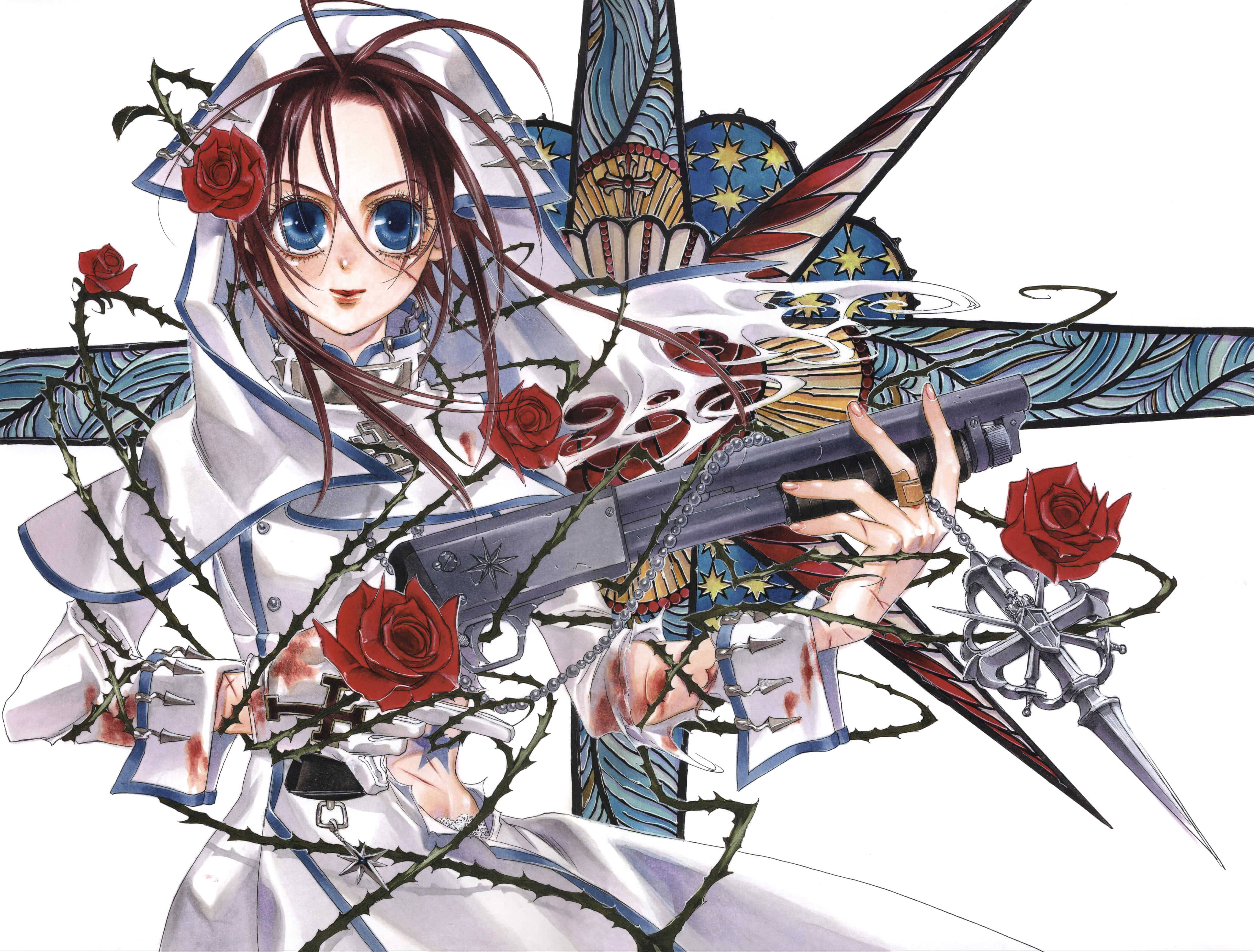 Goth 桌布 壁紙 — 一個引人注目的動漫女孩穿著白色護士服，手持纏繞著荊棘藤蔓和紅玫瑰的步槍，背景是風格化的翅膀。