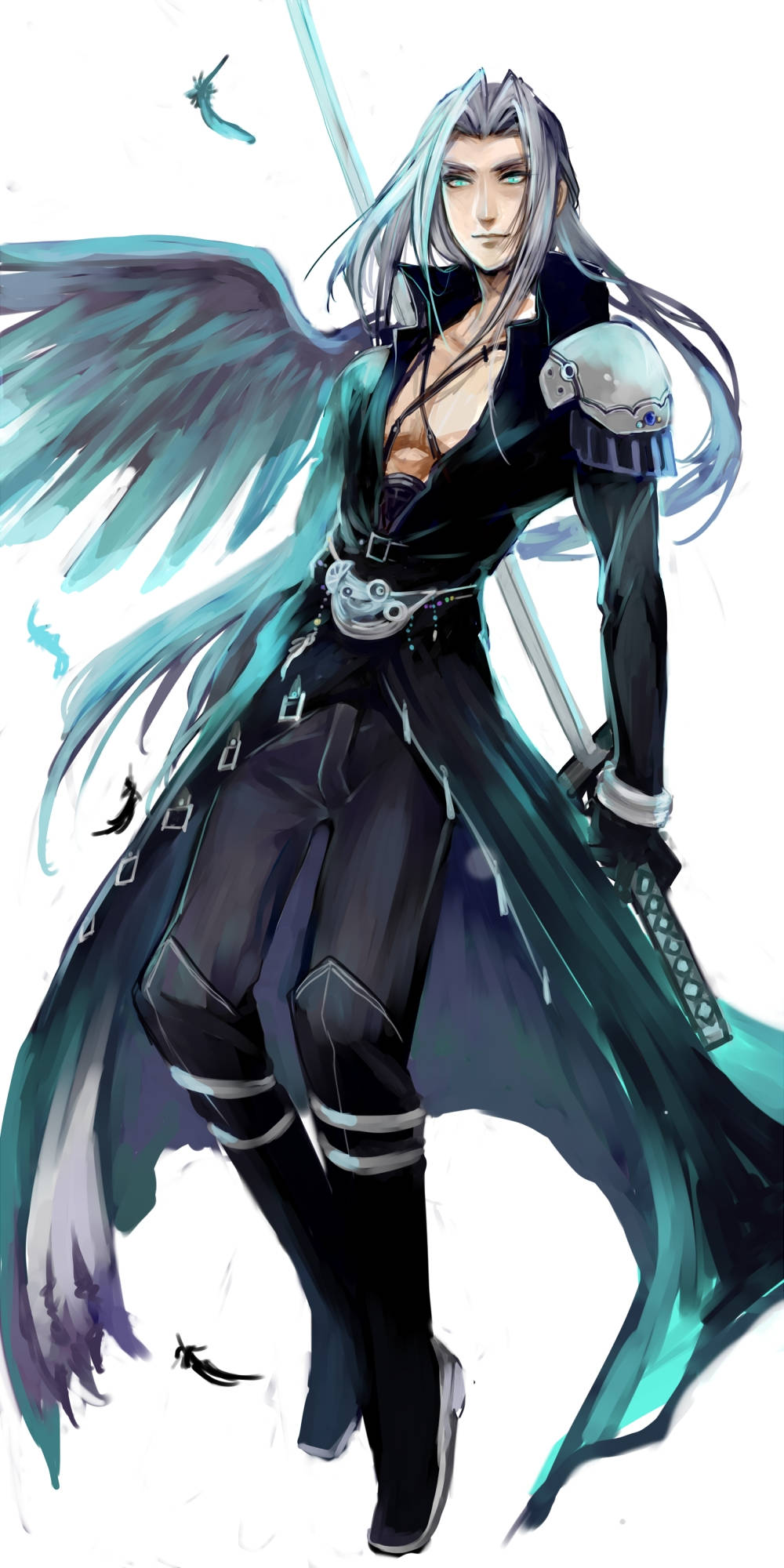 Sephiroth 桌布 壁紙 — 一個引人注目的動漫戰士，銀色頭髮和藍綠色翅膀，在純白背景上揮舞著劍。