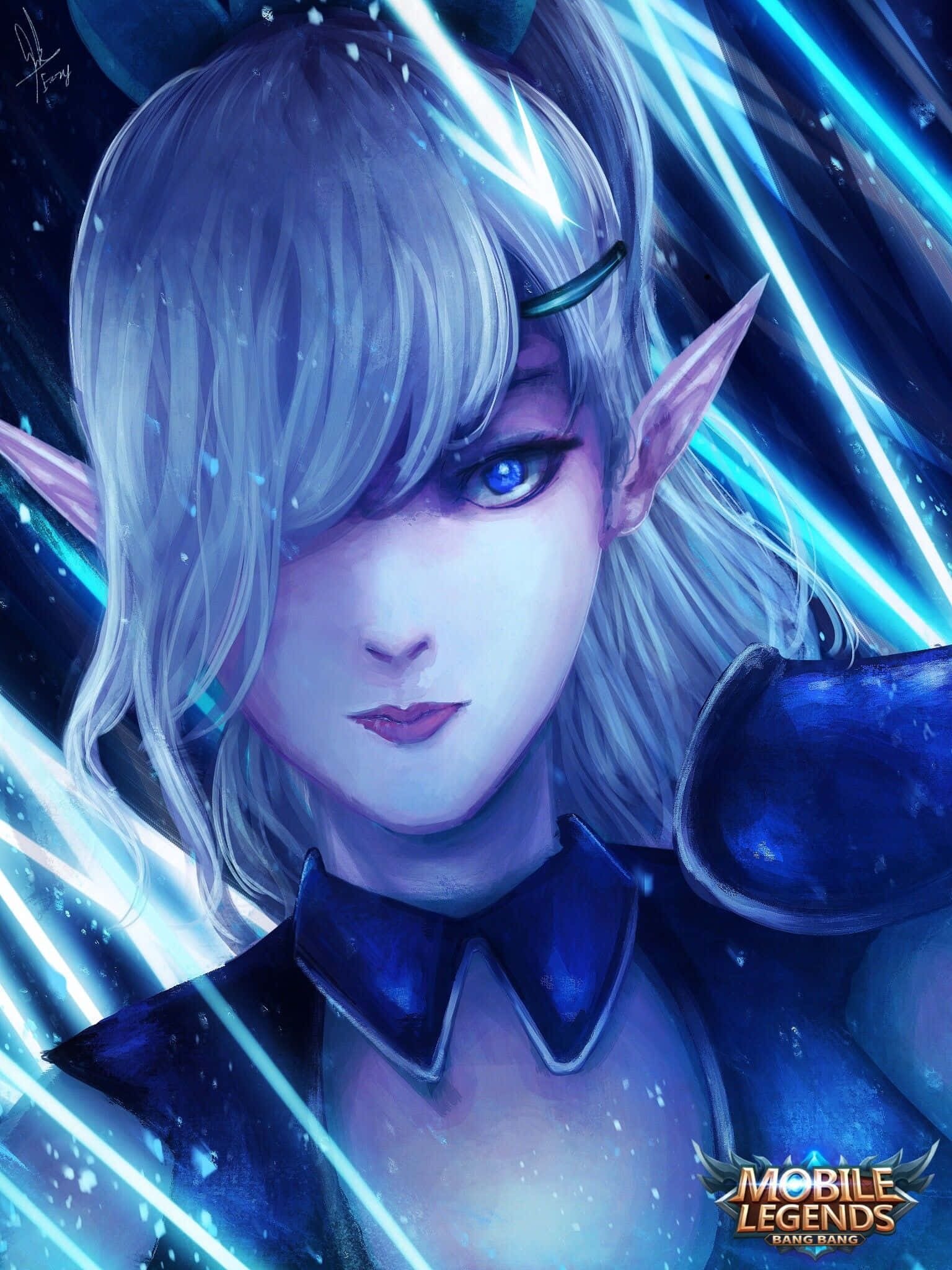 Mobile Legends 動態圖 桌布 壁紙 — 一個引人注目的動漫精靈，擁有銀色頭髮和藍色眼睛，被發光的電藍色能量光束包圍。