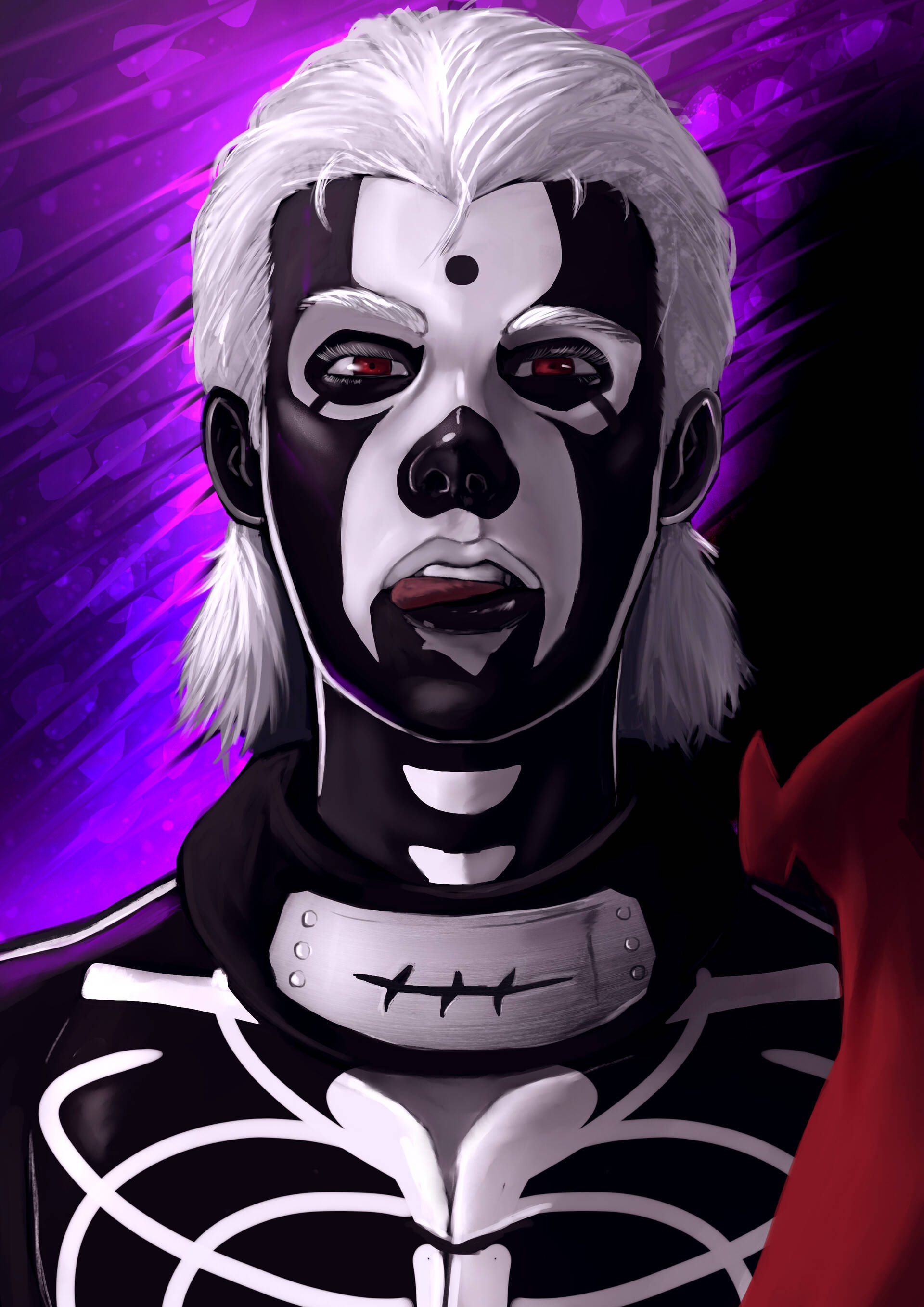 hidan akatsuki 桌布 壁紙 — 一個引人注目的動漫角色，擁有白髮和黑白骷髏臉部彩繪，背景是充滿活力的紫色。