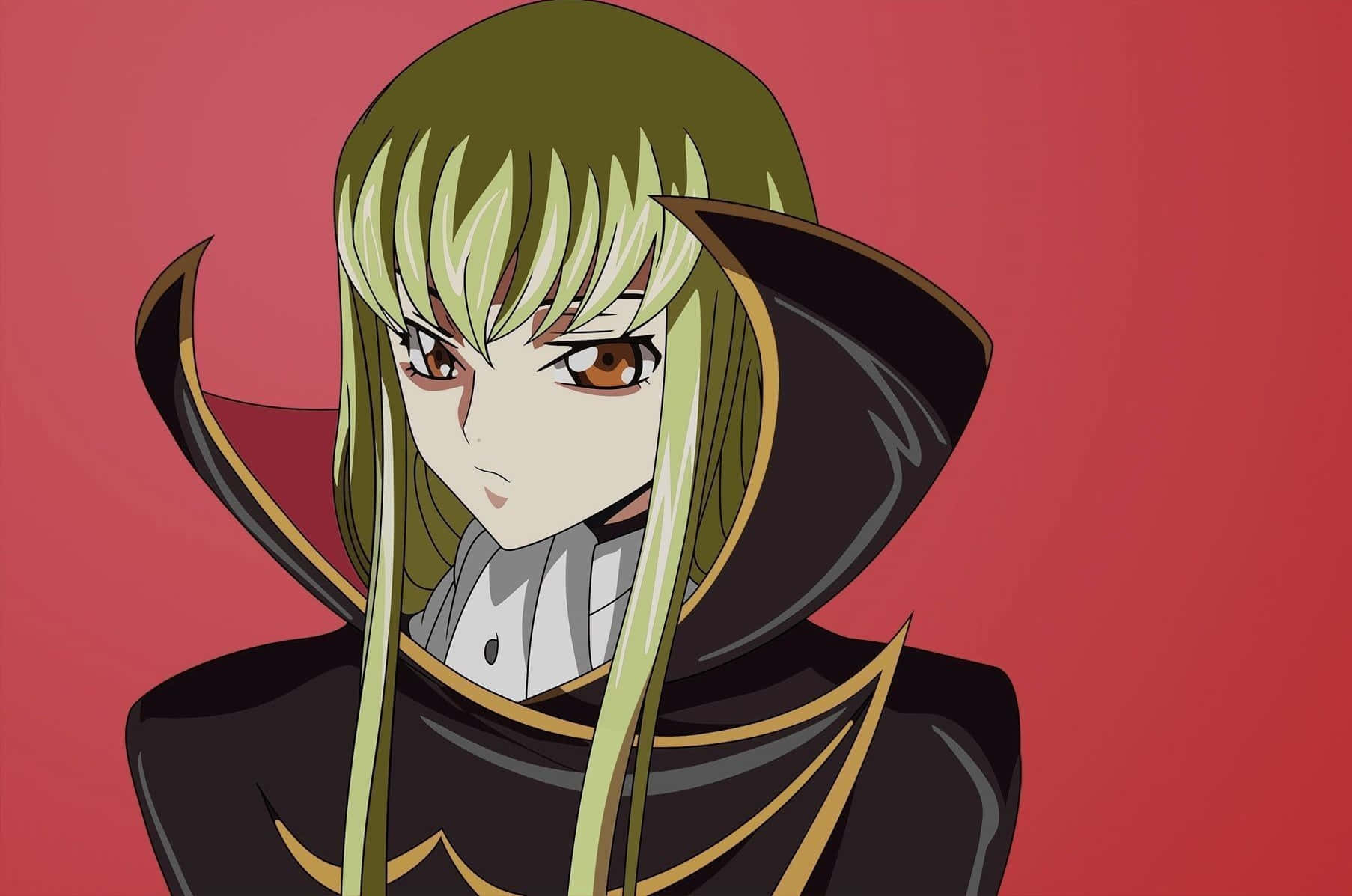 Code Geass C.c. 桌布 壁紙 — 一個引人注目的動漫角色，擁有長長的綠色頭髮和棕色眼睛，穿著黑色連帽斗篷，背景是純紅色。