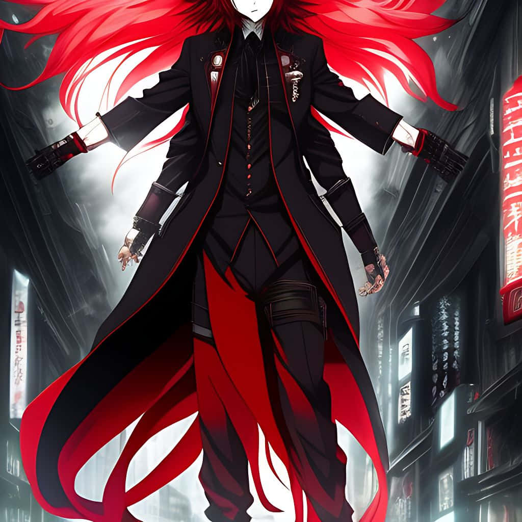 Urban Fantasy 桌布 壁紙 — 一個引人注目的動漫角色，擁有飄逸的紅髮和黑色外套，戲劇性地站在霓虹燈照亮的城市小巷中。