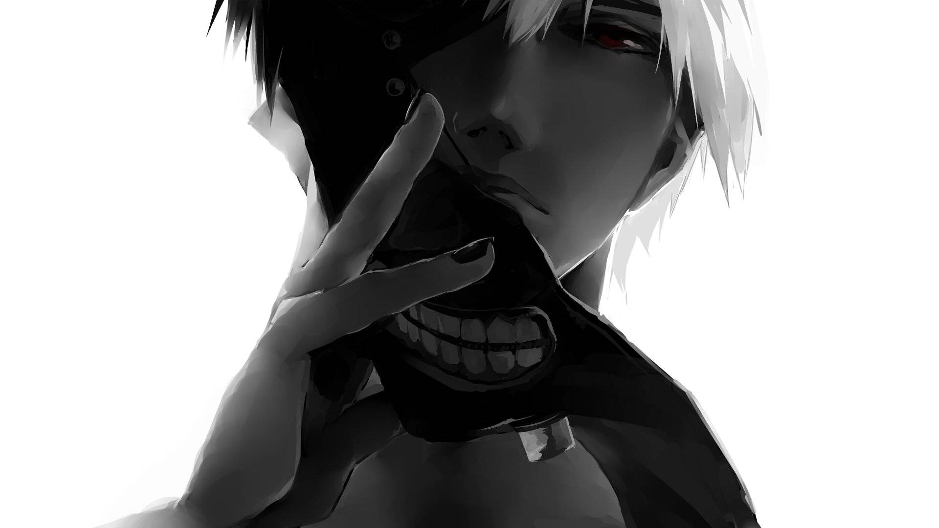 動漫男孩 桌布 壁紙 — 一個引人注目的動漫角色，白髮紅眼，手持一個怪異的笑臉面具貼在臉上，高對比度單色。