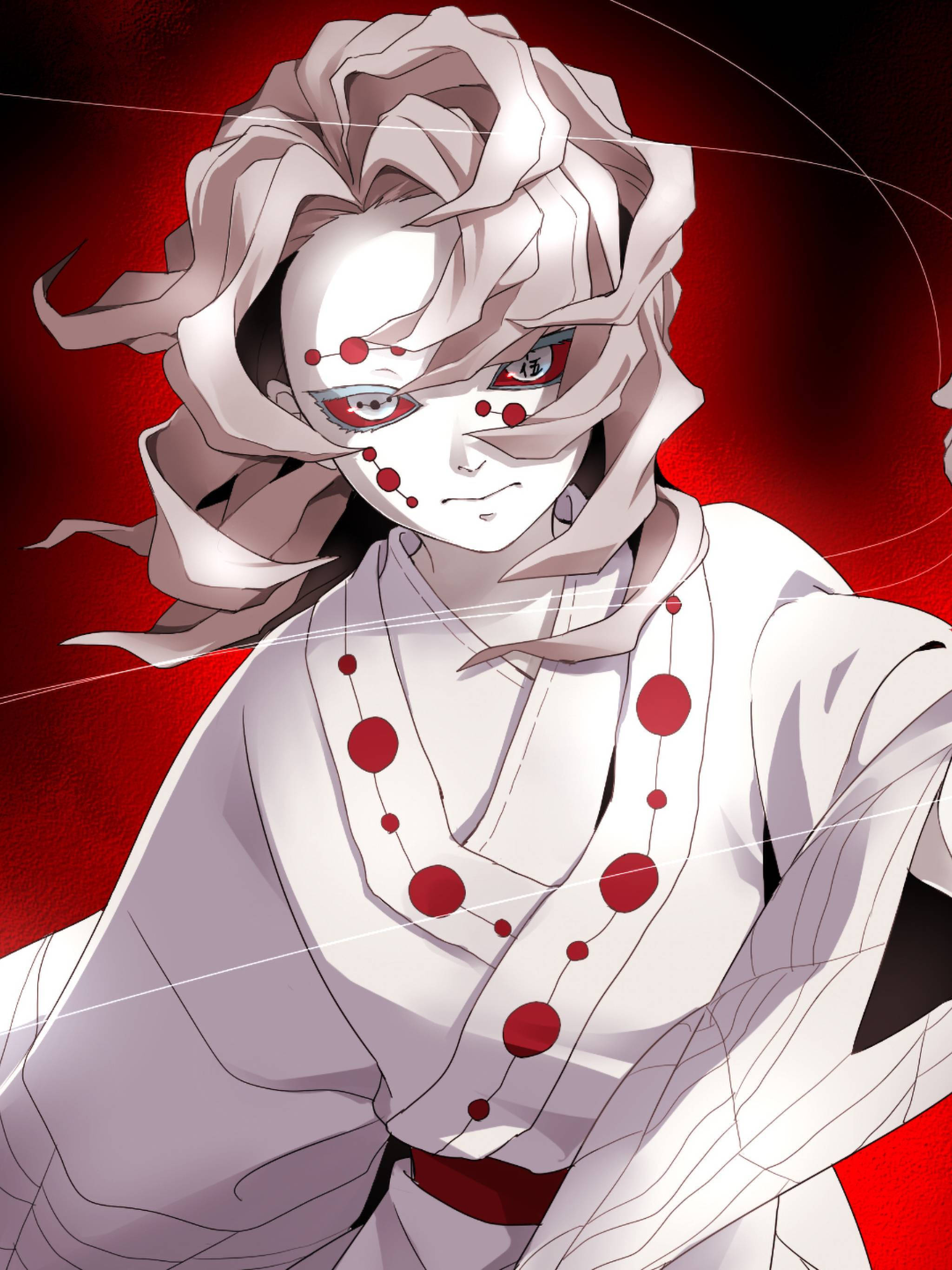 動漫男孩 桌布 壁紙 — 一個引人注目的動漫角色，白髮紅紋，在深紅色背景下凝視著。