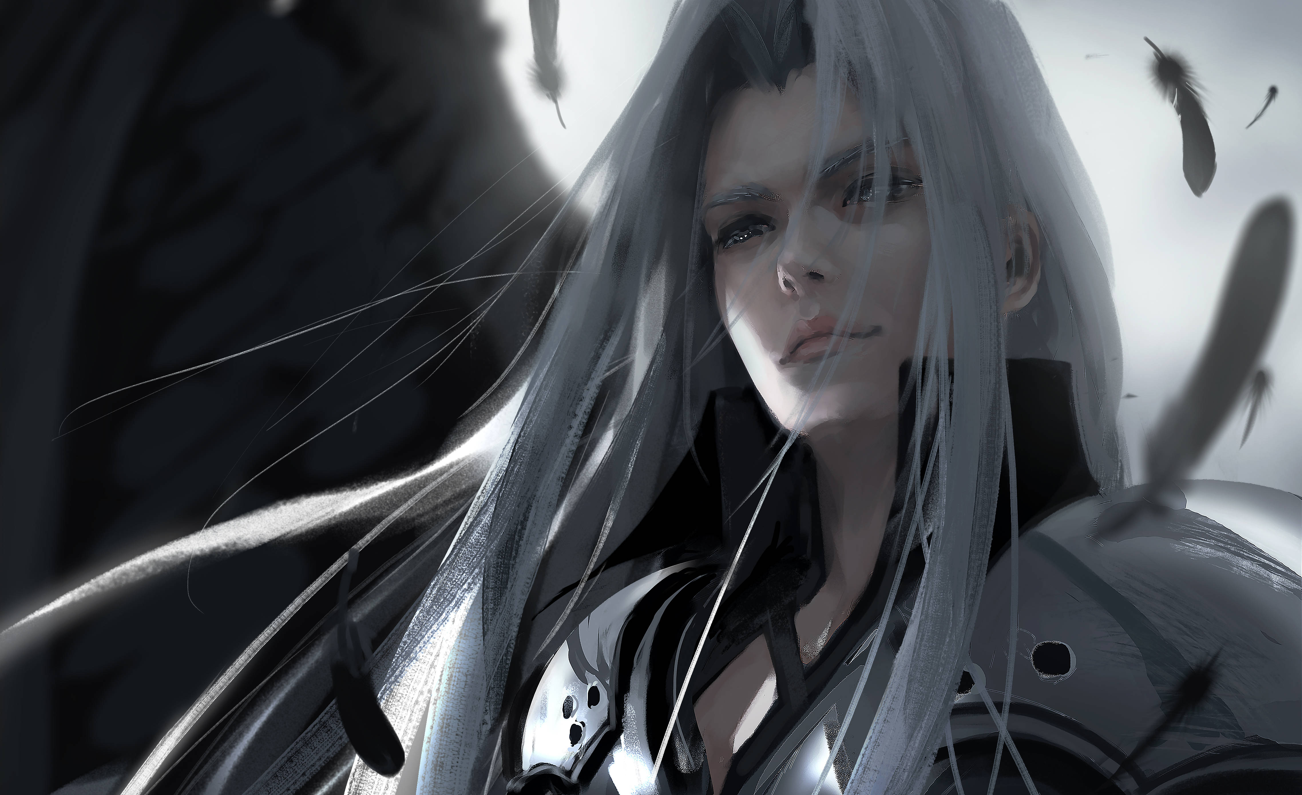 Sephiroth 桌布 壁紙 — 一個引人注目的動漫角色，長著銀色長髮和暗色盔甲，在單色場景中羽毛飄散時凝視著。