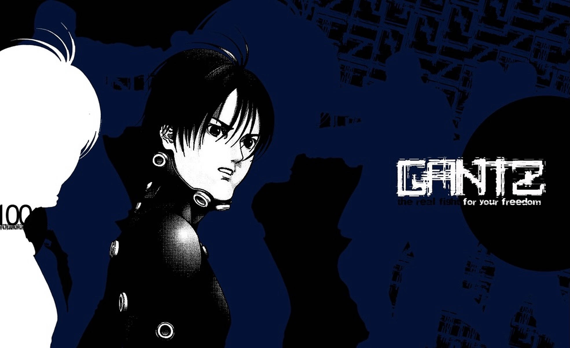 gantz 桌布 壁紙 — 一個引人注目的動漫角色，黑髮和圓形耳環，在深藍色背景上凝視，背景上有標題「GANTZ」和抽象形狀。
