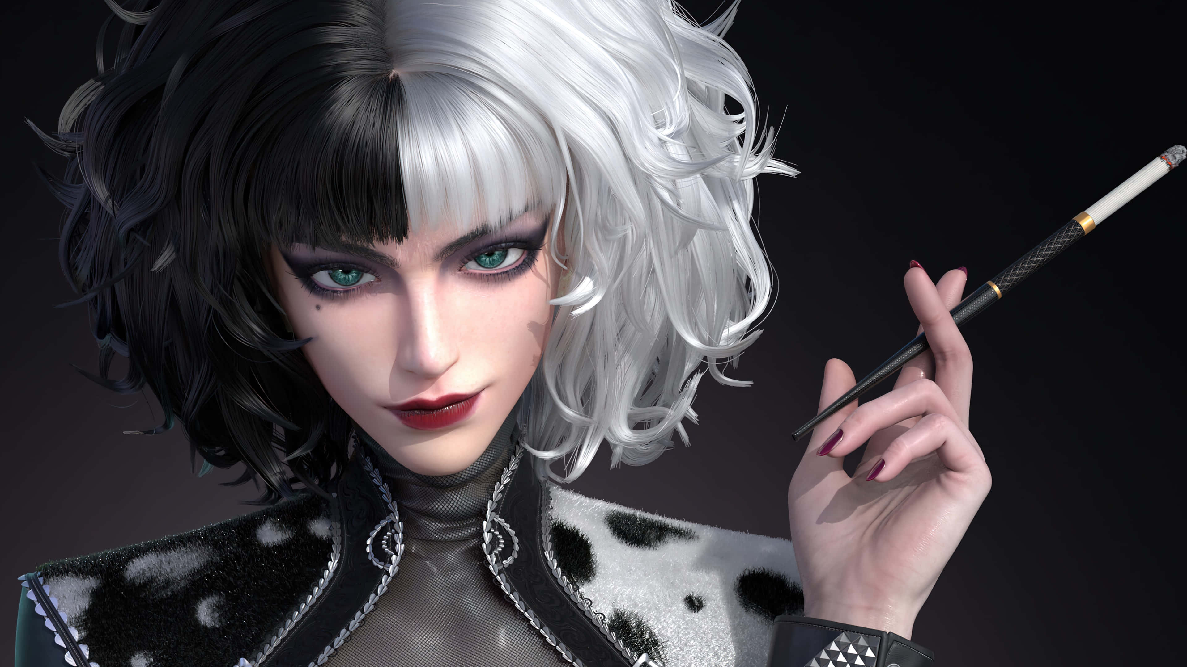 Cruella 桌布 壁紙 — 一個引人注目的動漫風格女性，擁有黑白頭髮，在黑暗背景前拿著一支香煙。