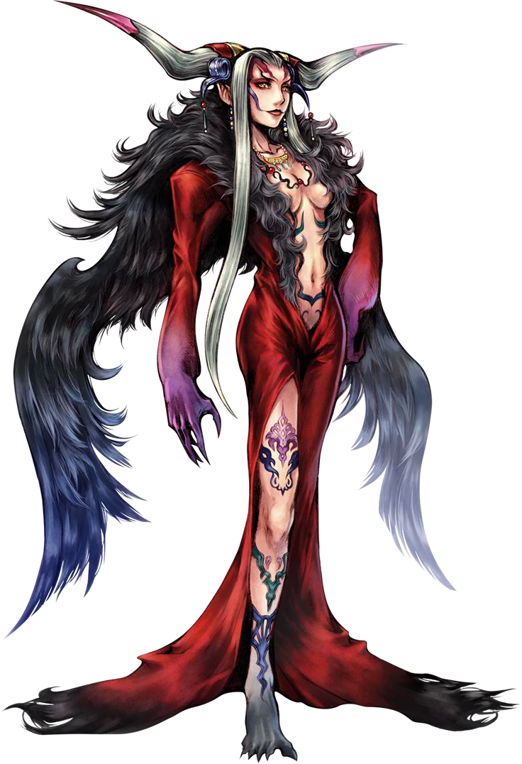 賽菲羅斯 桌布 壁紙 — 一個引人注目的動漫風格女惡魔，銀色頭髮和黑色翅膀，穿著飄逸的紅色長袍，背景黑暗。