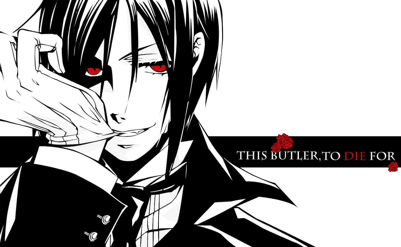 Black Butler 桌布 壁紙 — 一個引人注目的動畫管家，紅眼睛、黑頭髮，穿著鋒利的西裝，在純白背景前將手放在臉上。