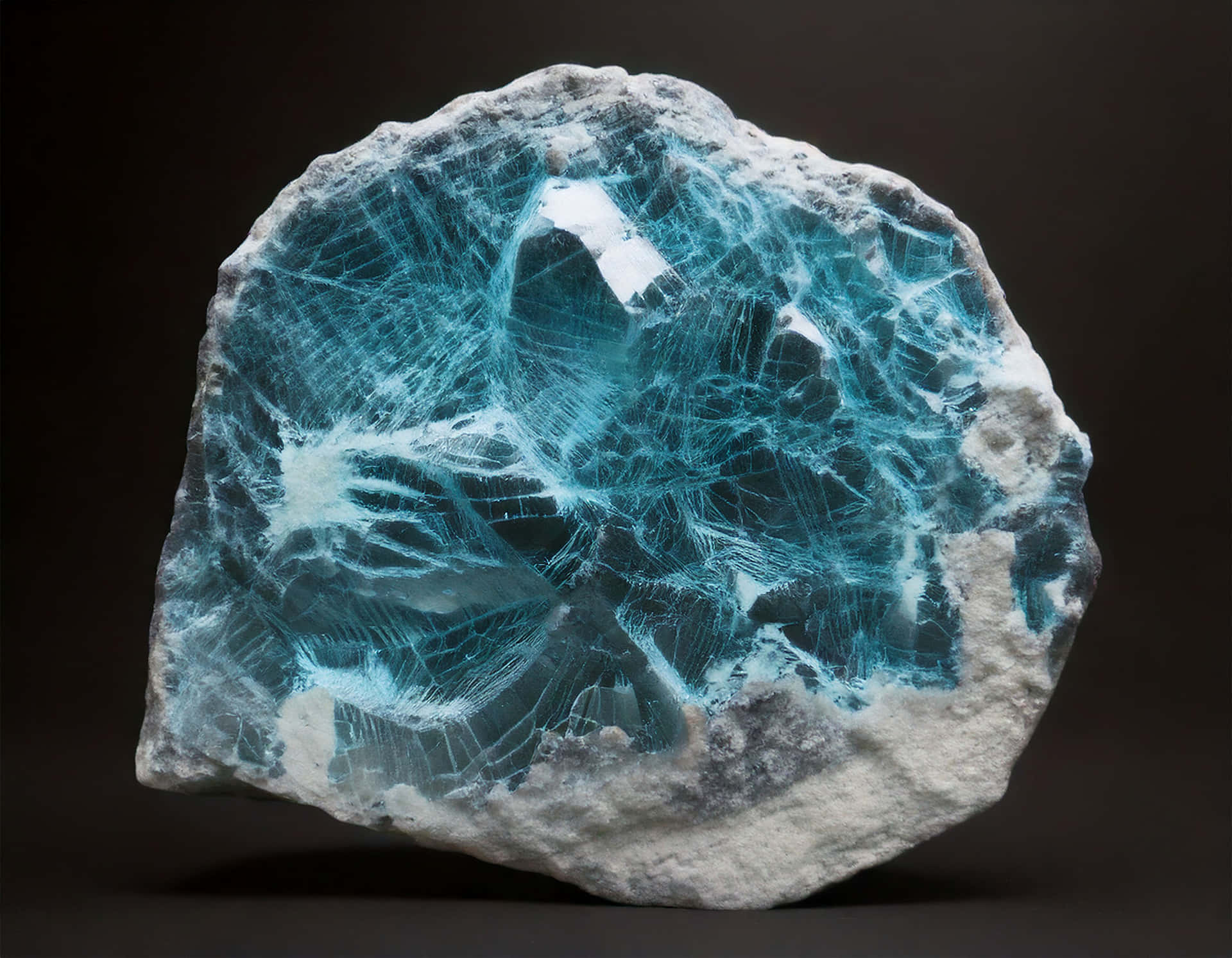 Mineral Sample 壁紙 — 一個引人注目的半透明藍色晶體，帶有複雜的白色裂紋圖案，嵌入粗糙的白色基質中，背景為深色。