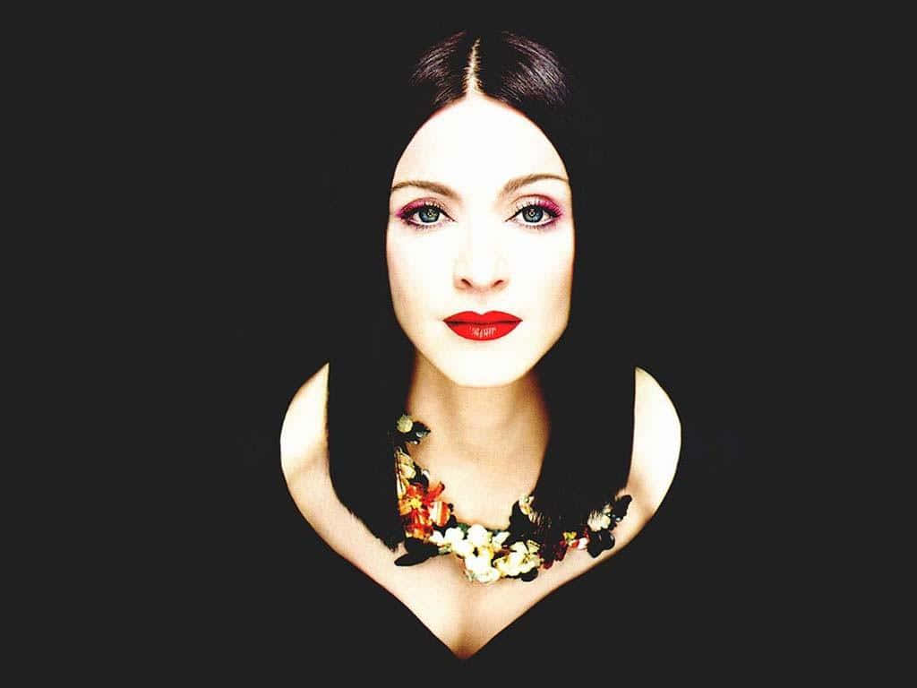 Madonna 桌布 壁紙 — 一個引人注目的女性肖像，擁有鮮豔的紅唇和充滿活力的眼妝，背景是純黑色。
