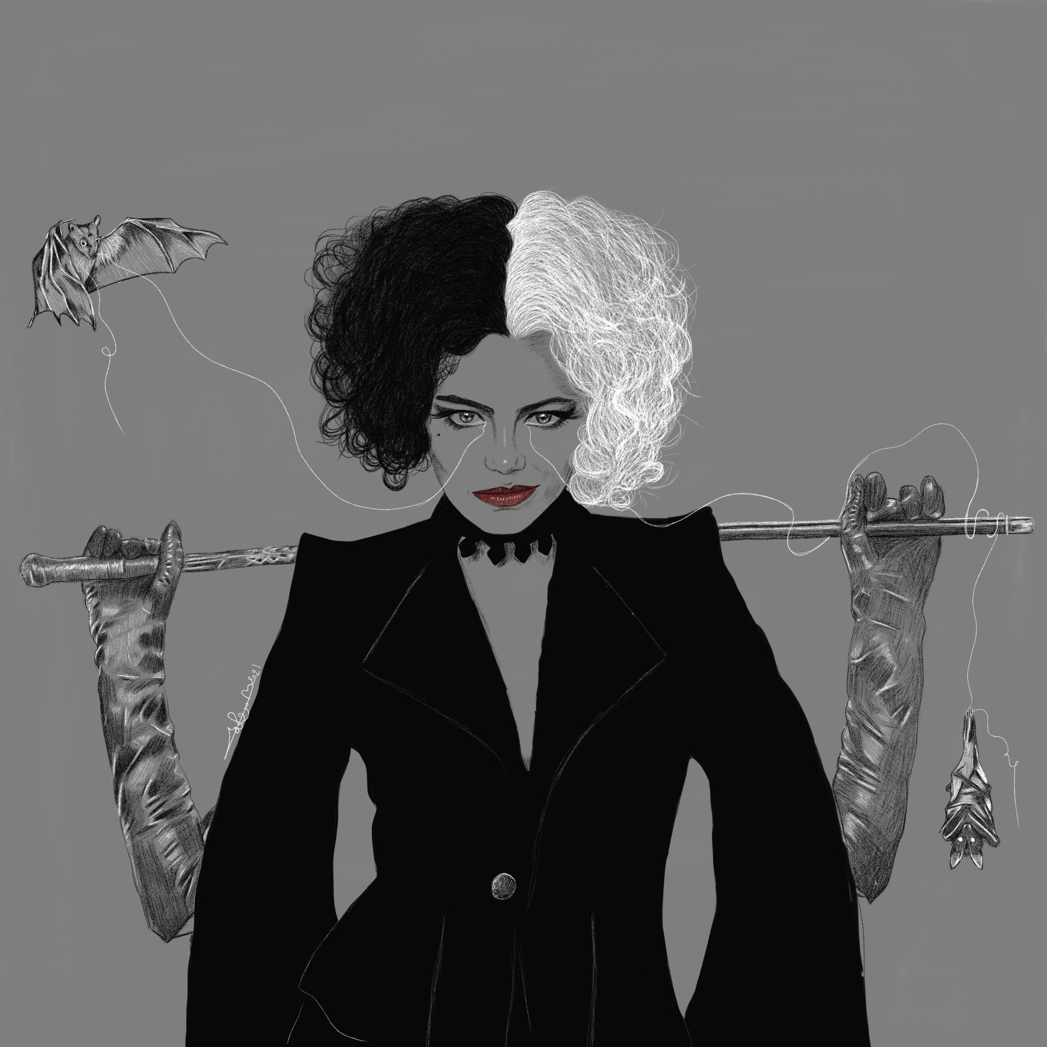 Cruella 桌布 壁紙 — 一個引人注目的插圖，描繪一位頭髮半黑半白的女性，手持一根手杖，上面掛著一個球棒和手套。