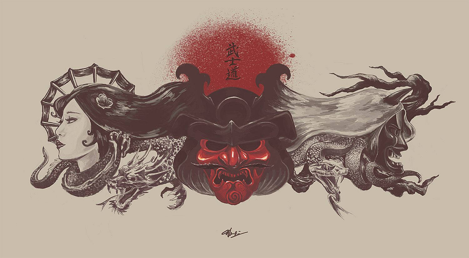日本武士 桌布 壁紙 — 一個引人注目的插圖，描繪了一個紅色武士面具，兩側是一位寧靜的女性和一個威脅性的惡魔，上方有日文字元。