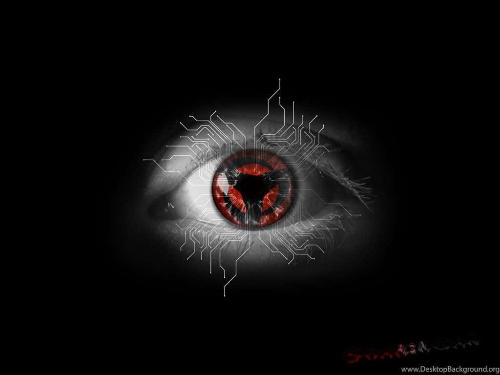 Naruto Eyes 桌布 壁紙 — 一個引人注目的數位眼睛，帶有發光的紅色虹膜和白色電路圖案，背景為黑色。