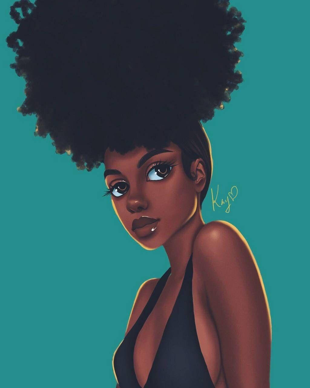 Black Girl 桌布 壁紙 — 一個引人注目的數位肖像，一位黑人女性擁有豐滿的非洲式髮型和鮮明的化妝，背景為純青色。