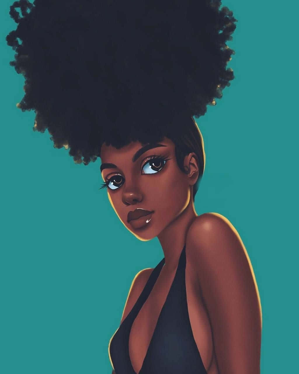 Black Girl 桌布 壁紙 — 一個引人注目的數位肖像，描繪一位黑人女性，擁有豐盈的非洲式髮型和鮮明的化妝，背景為青綠色。