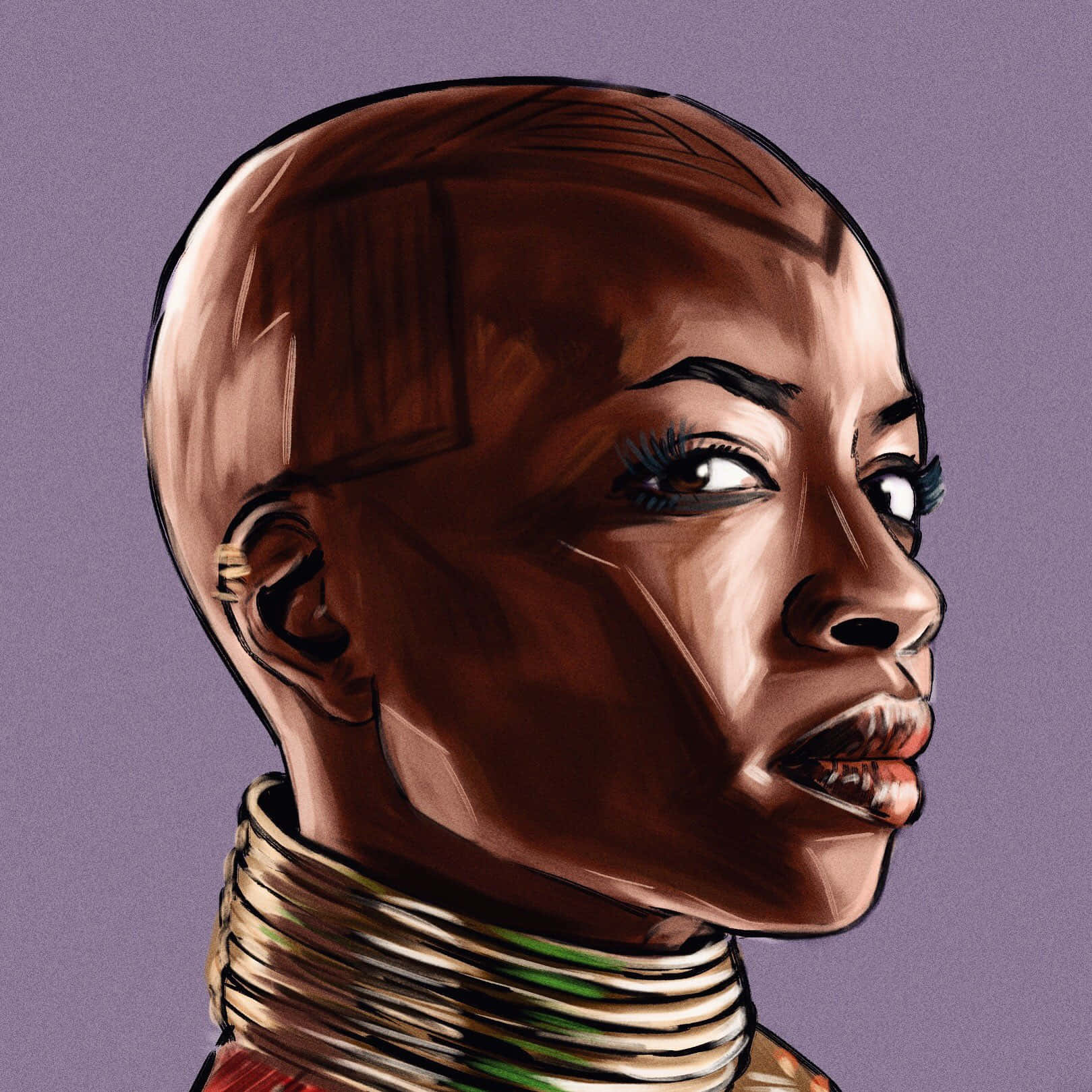 Okoye 桌布 壁紙 — 一個引人注目的數位肖像，描繪一位剃光頭、戴著大膽頸環的女性，背景為柔和的紫色。