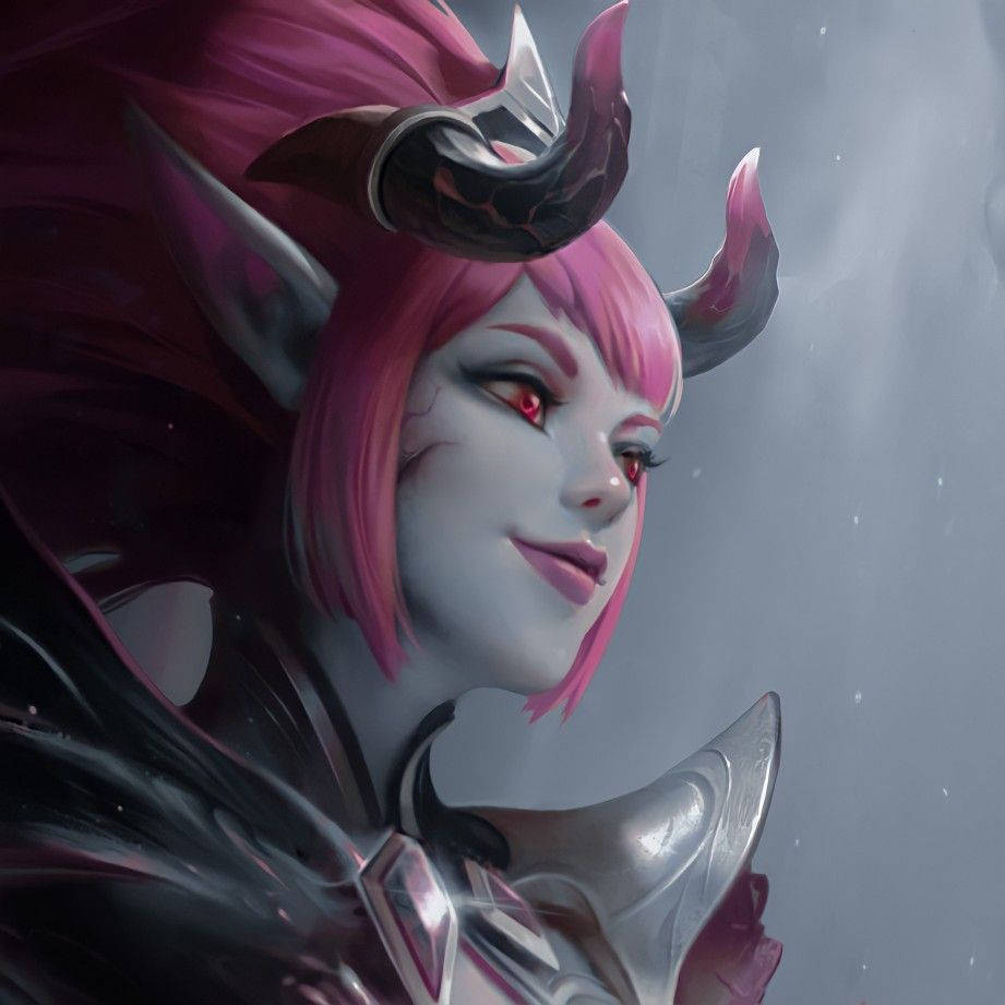 Mobile Legends 動態圖 桌布 壁紙 — 一個引人注目的數位肖像，描繪一位粉紅色頭髮、紅色眼睛和金屬角的惡魔女，背景是霧濛濛的灰色。
