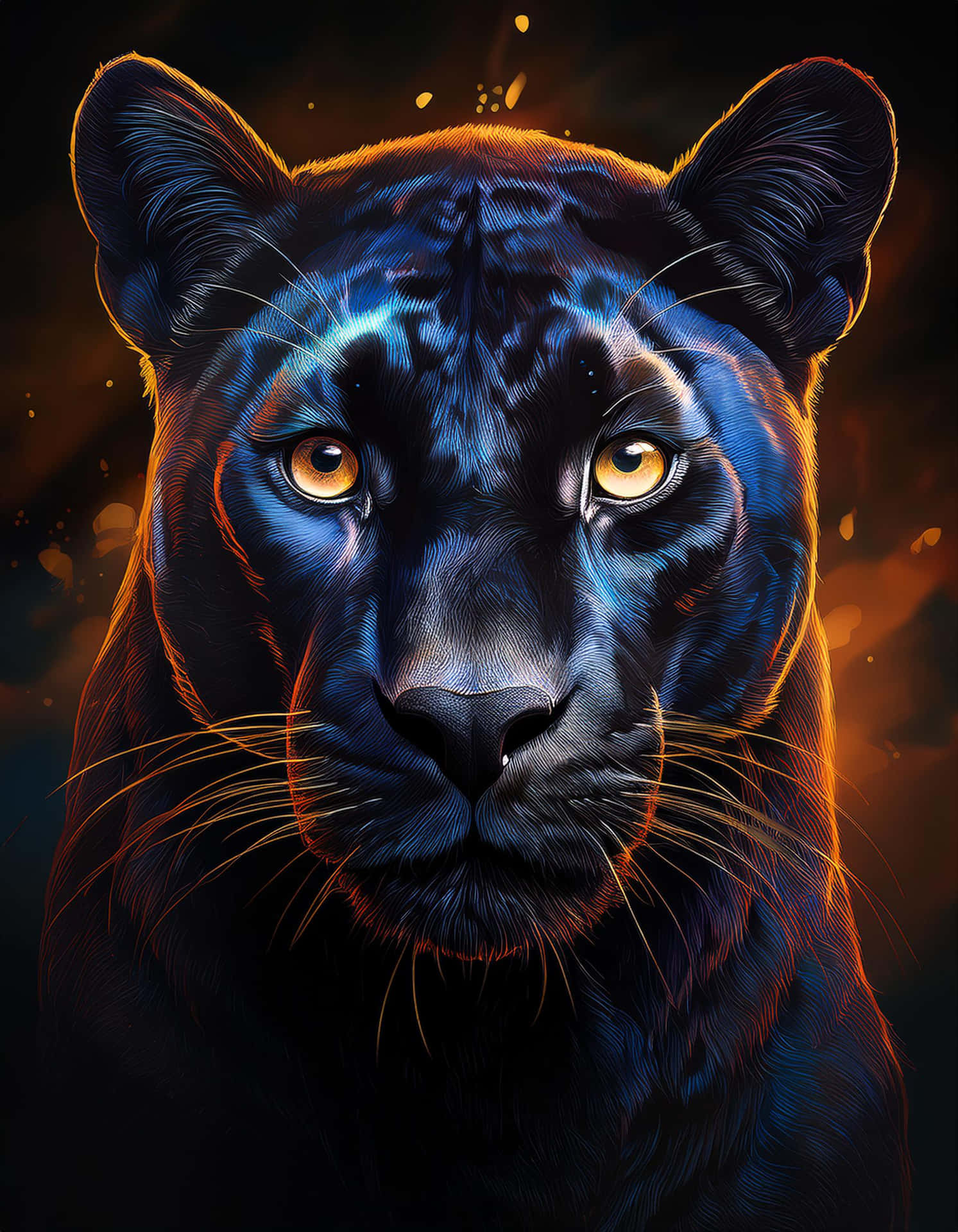 Wild Power in the Sparkle of Colors 壁紙 — 一個引人注目的數位肖像，描繪一隻黑豹，擁有發光的琥珀色眼睛和火熱的橙色亮點，背景為深色。
