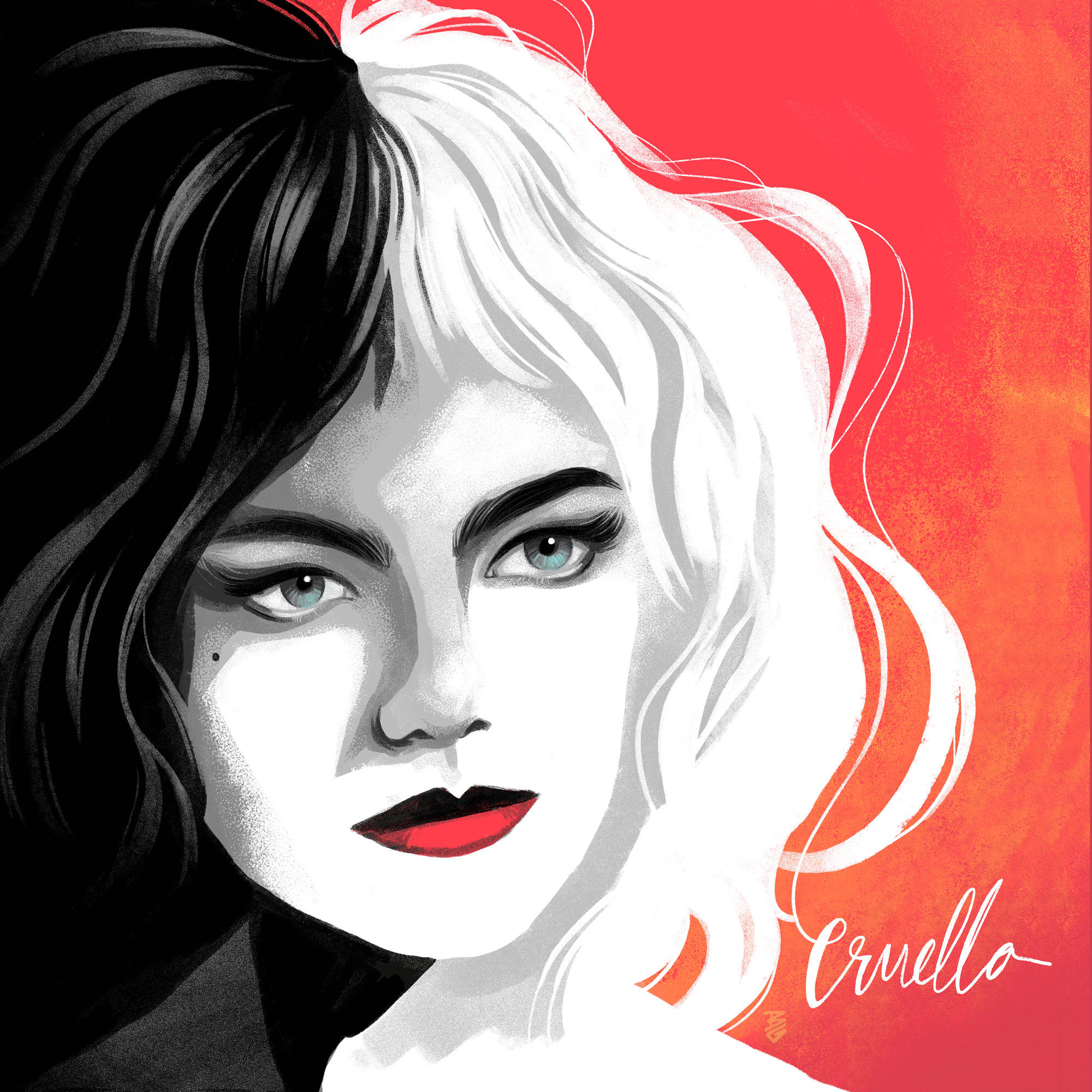 Cruella 桌布 壁紙 — 一個引人注目的數位肖像，描繪了庫伊拉，頭髮一半黑色一半白色，背景是火紅色。