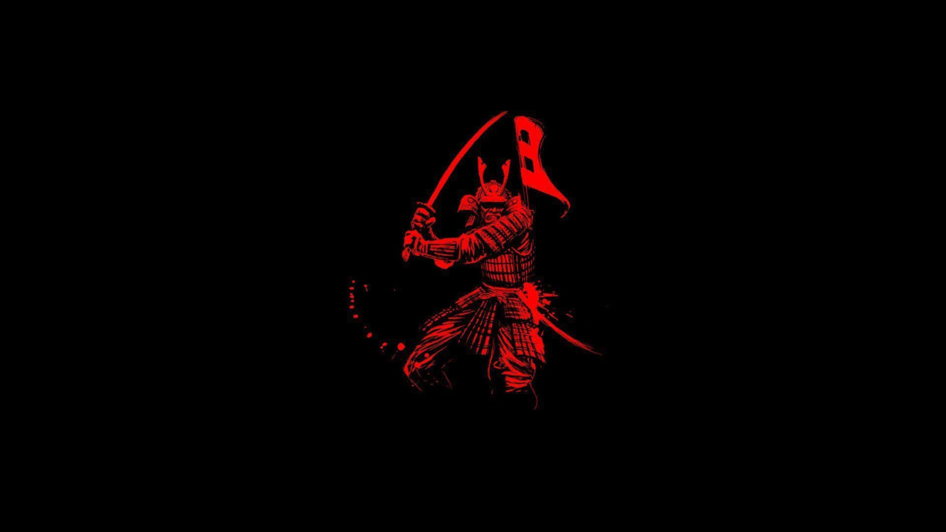 武士動畫 桌布 壁紙 — 一個引人注目的紅色剪影，描繪一位武士在純黑背景上擺出動態戰鬥姿勢。