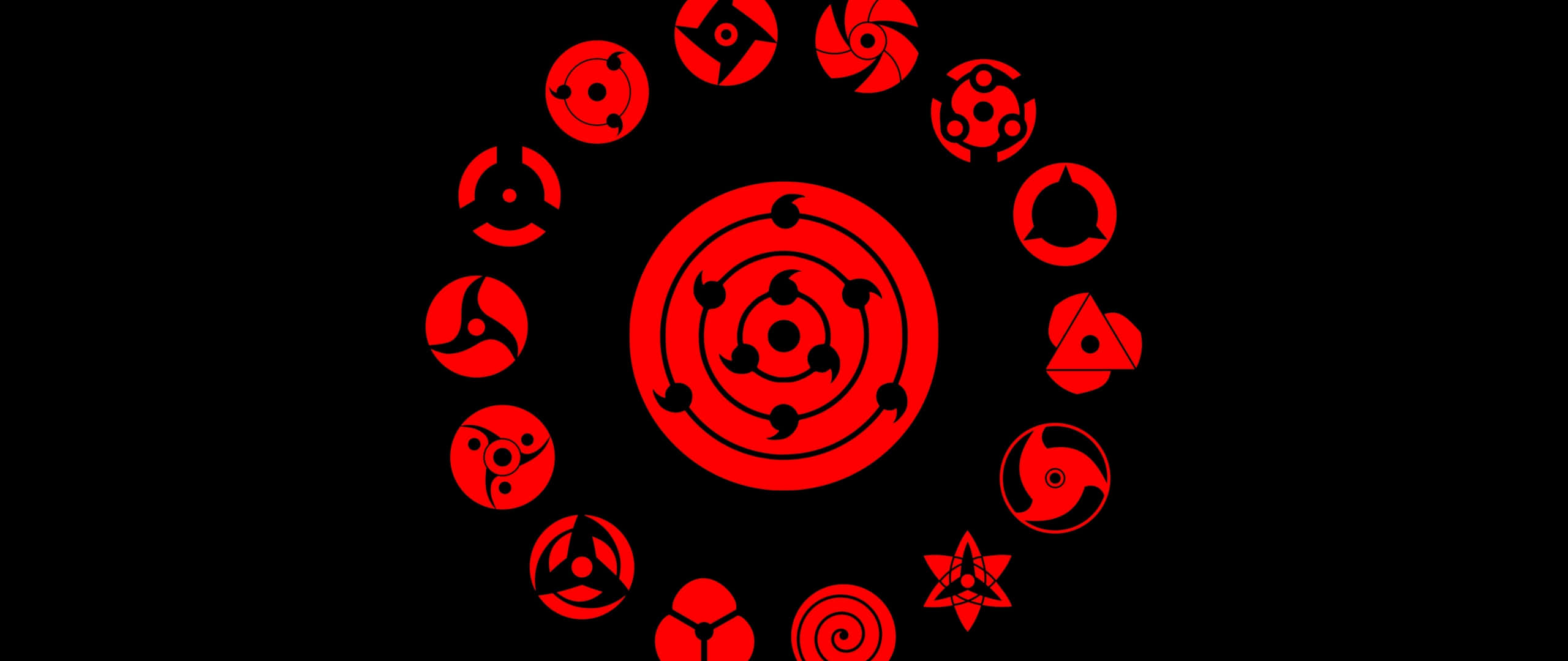 2560x1080 Minimal 桌布 壁紙 — 一個引人注目的紅色圓形排列，包含各種寫輪眼符號，背景為黑色。
