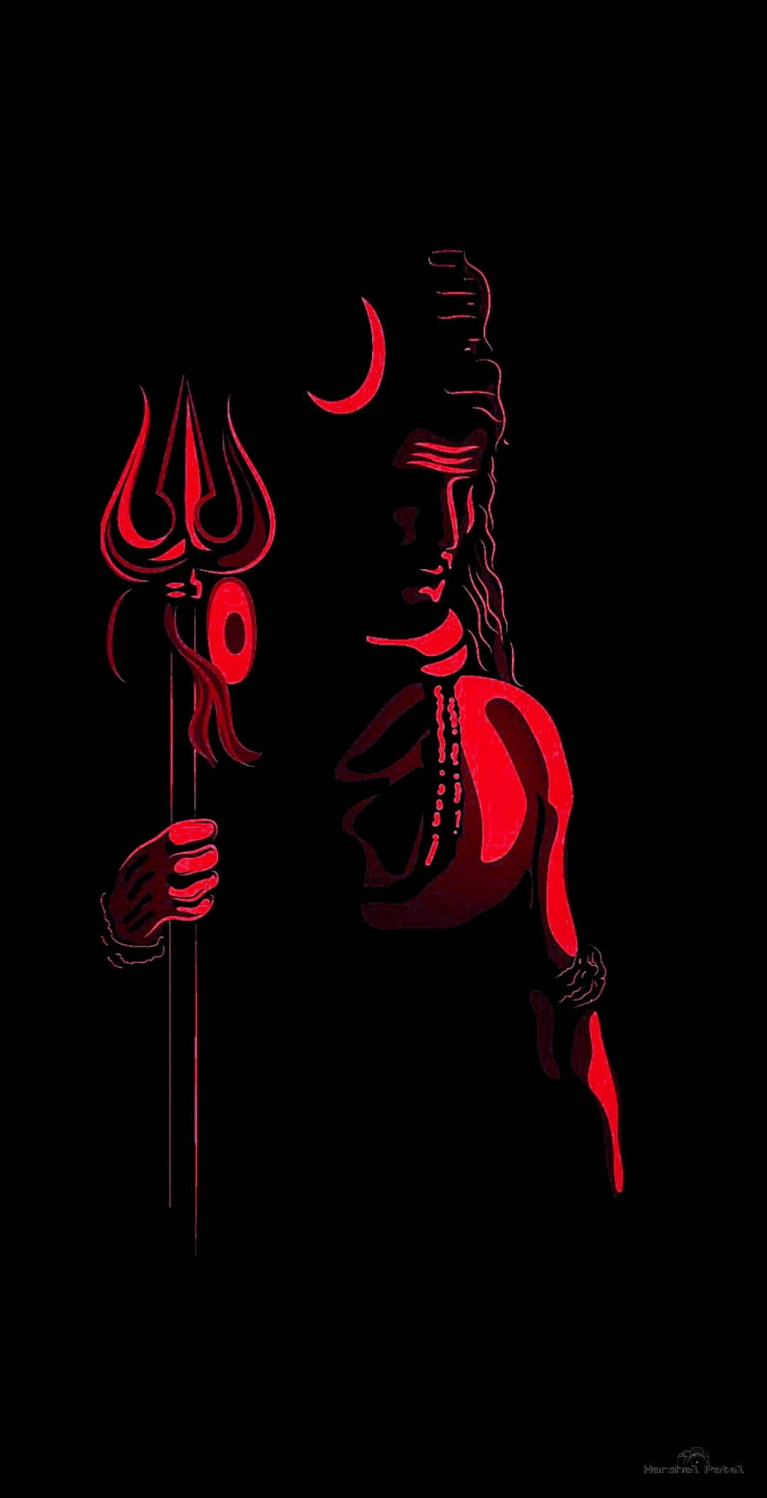 shiva iPhone 桌布 壁紙 — 一個引人注目的紅色濕婆剪影，手持三叉戟，背景為黑色，上方有一彎新月。