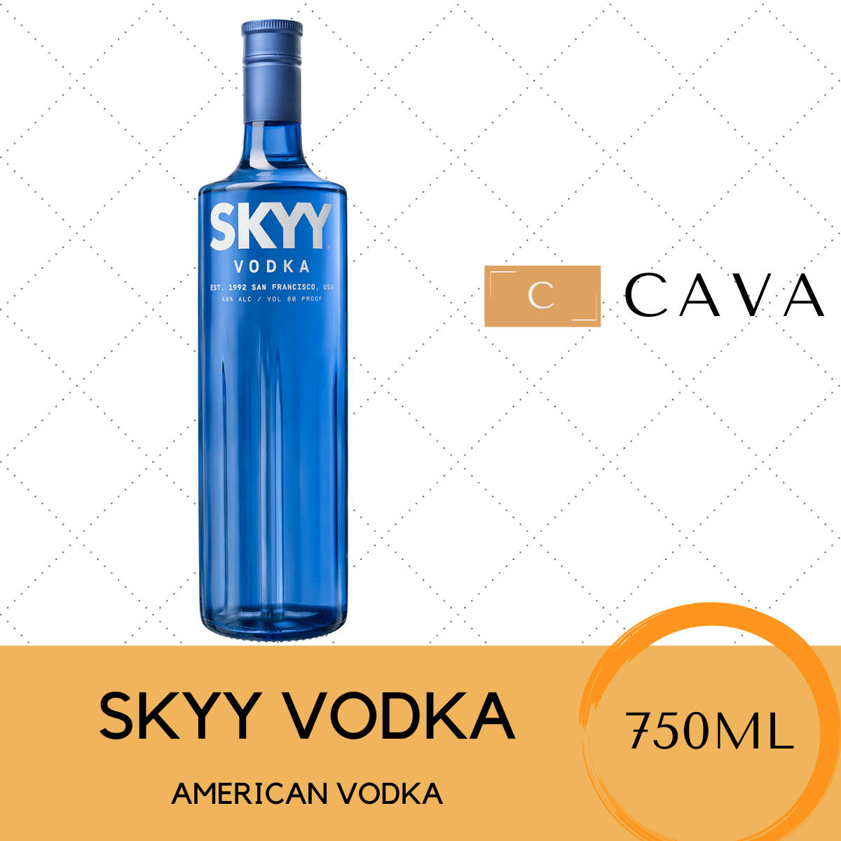 alcohol 桌布 壁紙 — 一個引人注目的藍色SKYY VODKA酒瓶，立在帶有橙色品牌標誌的白色菱形圖案背景前。