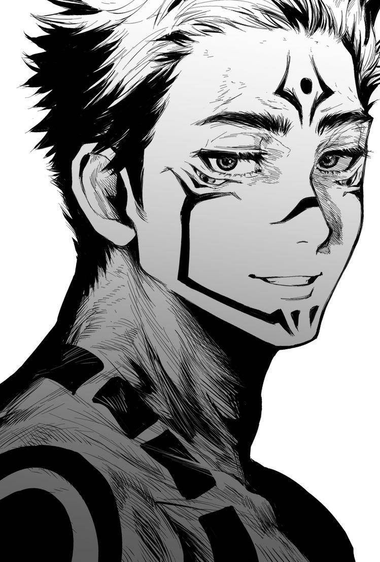 宿儺 桌布 壁紙 — 一個引人注目的黑白動畫肖像，描繪一位年輕男子，擁有尖刺頭髮和銳利的面部標記，凝視著。