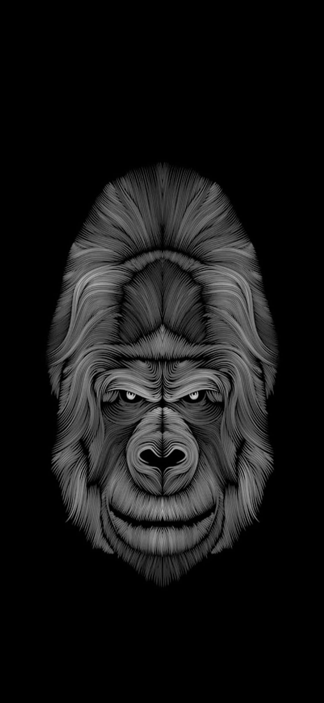 iPhone X Gorilla 桌布 壁紙 — 一個引人注目的黑白插圖，描繪了一隻大猩猩的臉，帶有強烈的眼睛和詳細的毛髮，背景為黑色。