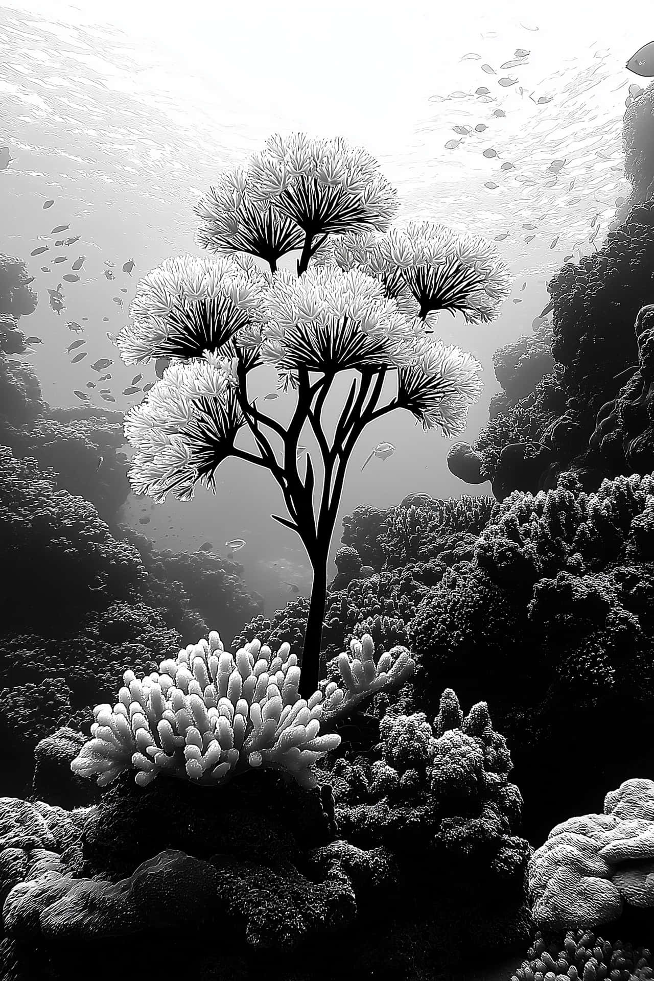 Abstract Tree Thriving Among Underwater Coral and Fish 壁紙 — 一個引人注目的黑白水下場景，中央有一棵樹狀珊瑚，帶有扇形分支，周圍環繞著多樣的珊瑚形成和魚群。